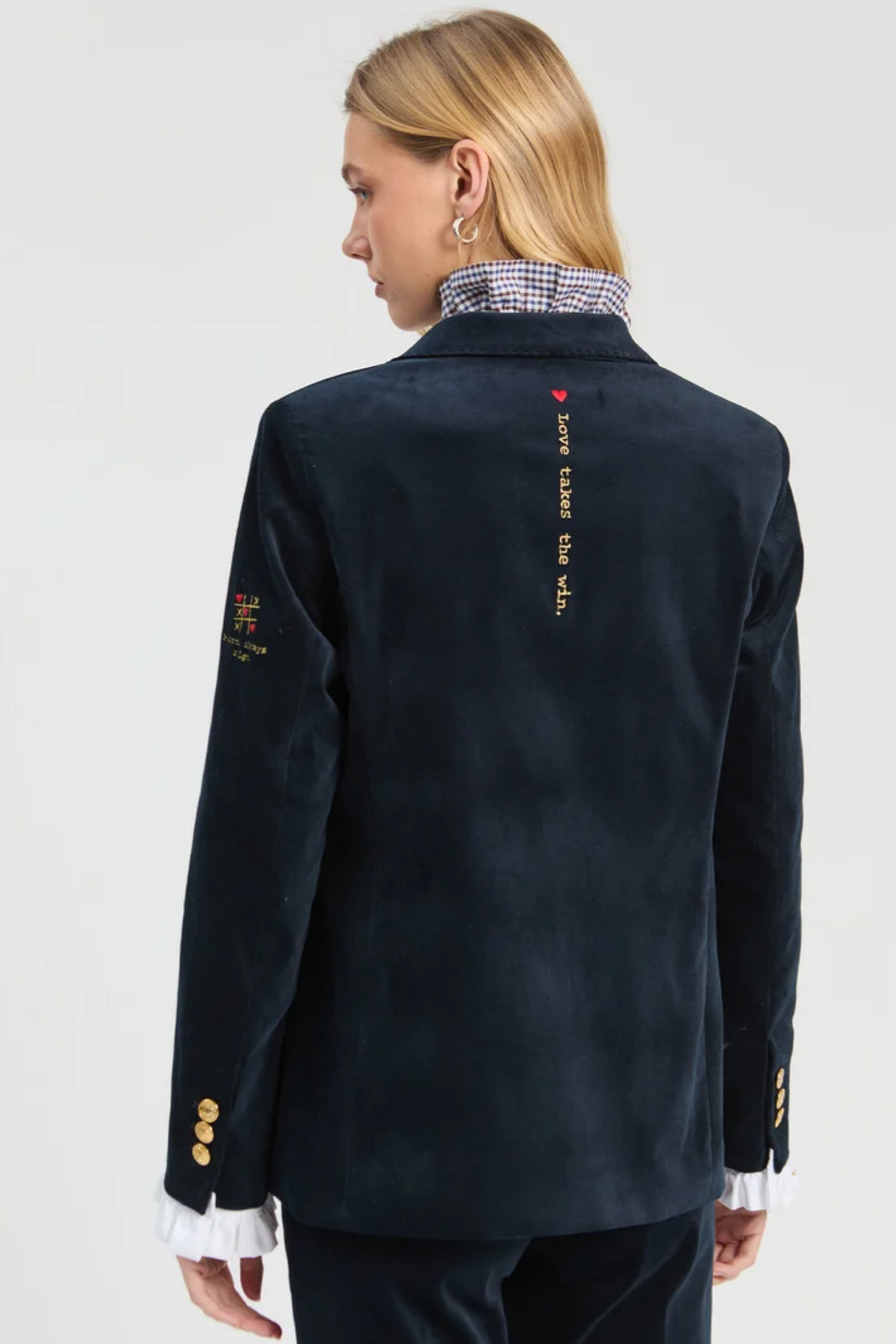 Vilagallo 33863 Navy Velvet Embroidered Blazer back view Shop Vilagallo at Dotique
