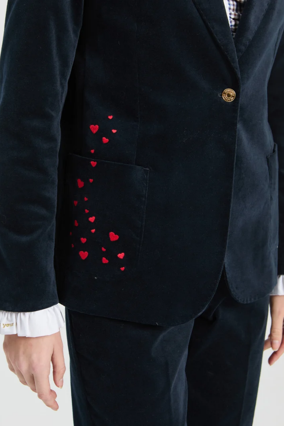 Vilagallo 33863 Navy Velvet Embroidered Blazer with heart embroidery Shop Vilagallo at Dotique