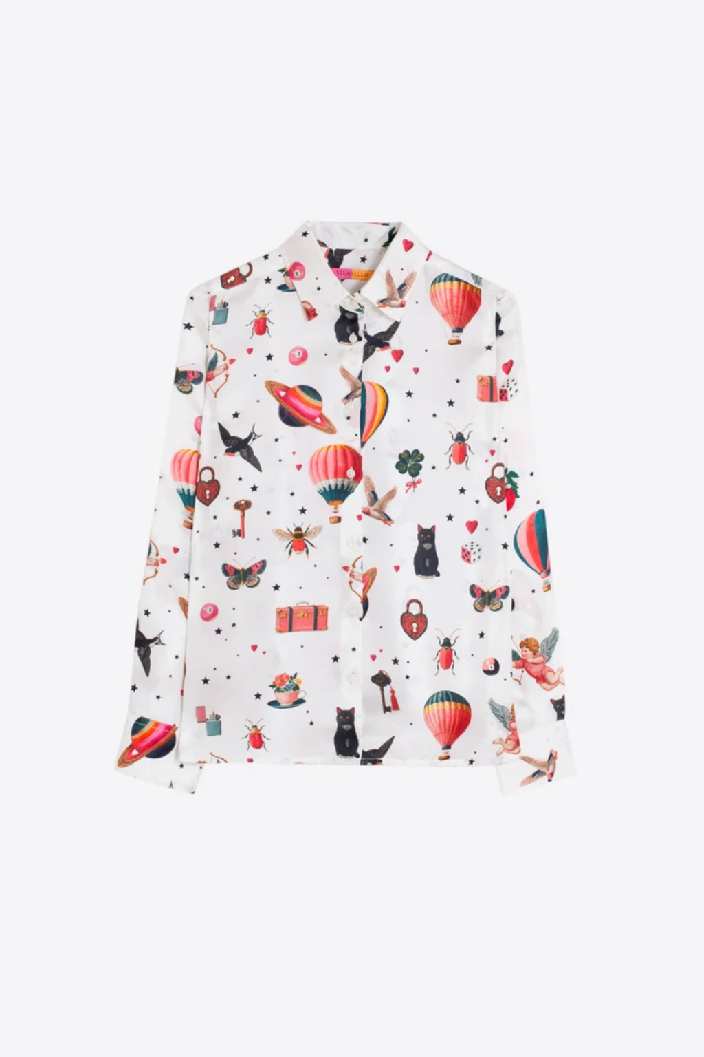 Vilagallo 33900 White Silk Cupid Print Shirt colorful print Shop Vilagallo at Dotique