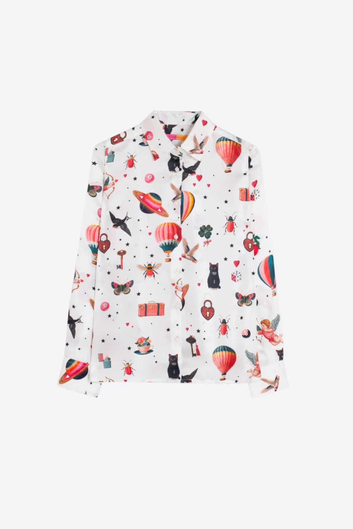 Vilagallo 33900 White Silk Cupid Print Shirt colorful print Shop Vilagallo at Dotique