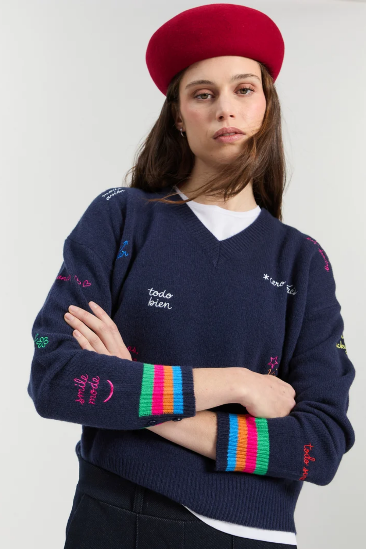 Vilagallo 34126 Navy Embroidered Words Lambswool Jumper Shop Vilagallo at Dotique