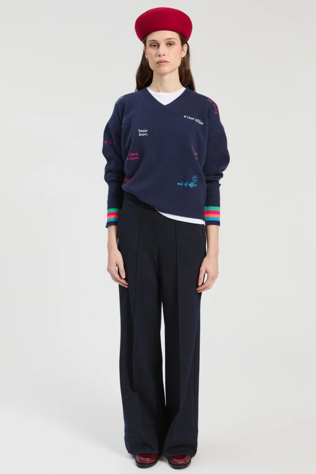 Vilagallo 34126 Navy Embroidered Words Lambswool Jumper Shop Vilagallo at Dotique