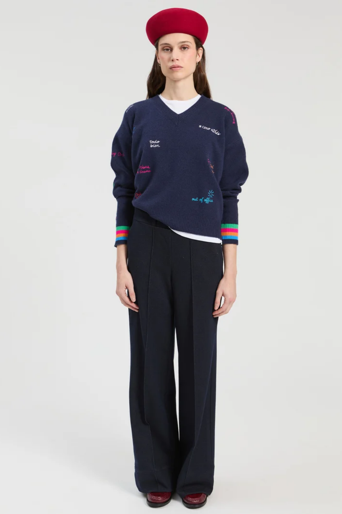 Vilagallo 34126 Navy Embroidered Words Lambswool Jumper Shop Vilagallo at Dotique