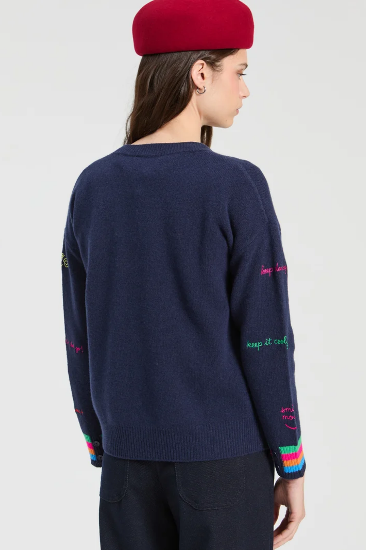 Vilagallo 34126 Navy Embroidered Words Lambswool Jumper Shop Vilagallo at Dotique