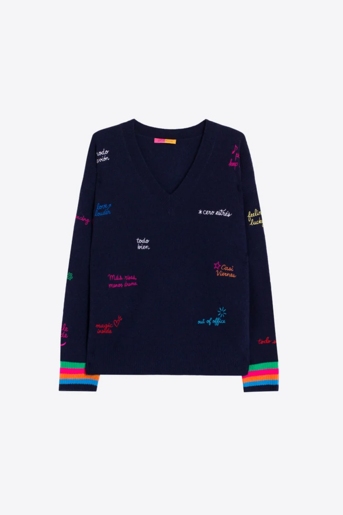 Vilagallo 34126 Navy Embroidered Words Lambswool Jumper with embroidered words Shop Vilagallo at Dotique