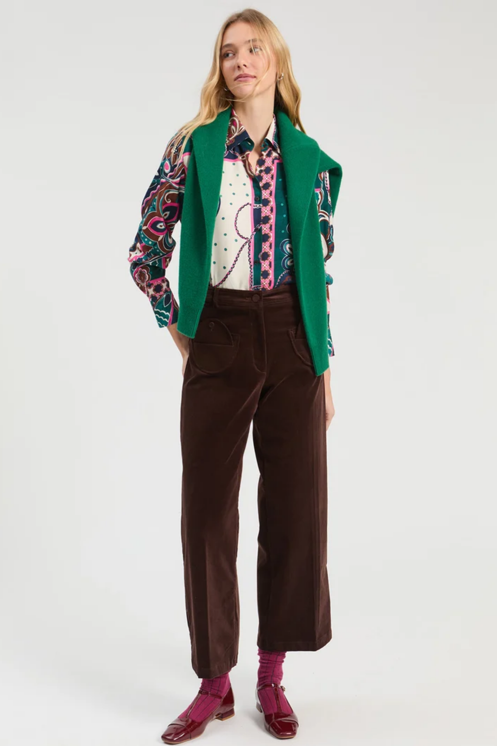 Vilagallo 34165 Green & Pink Patchwork Paisley Shirt on model Shop Vilagallo at Dotique