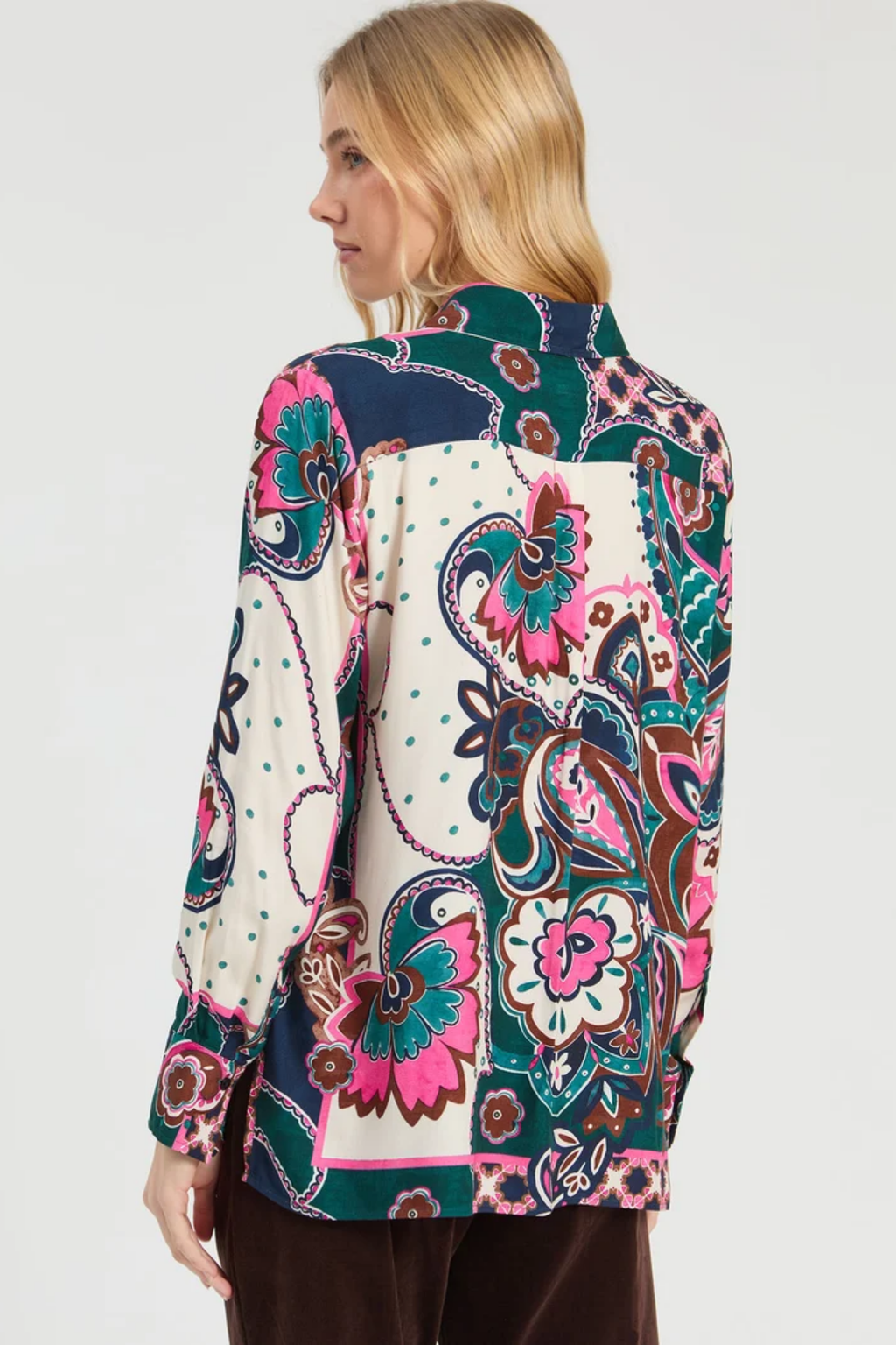 Vilagallo 34165 Green & Pink Patchwork Paisley Shirt back view Shop Vilagallo at Dotique