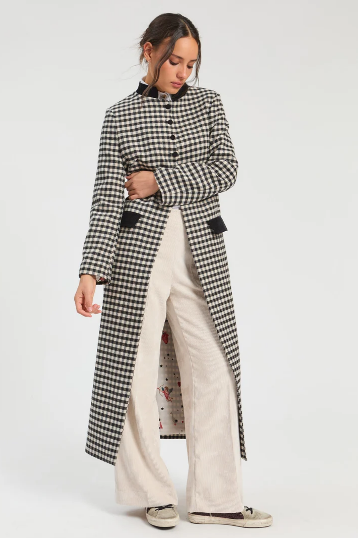 Vilagallo 34177 Long Black & White Gingham Wool Coat worn by model. Shop Vilagallo at Dotique