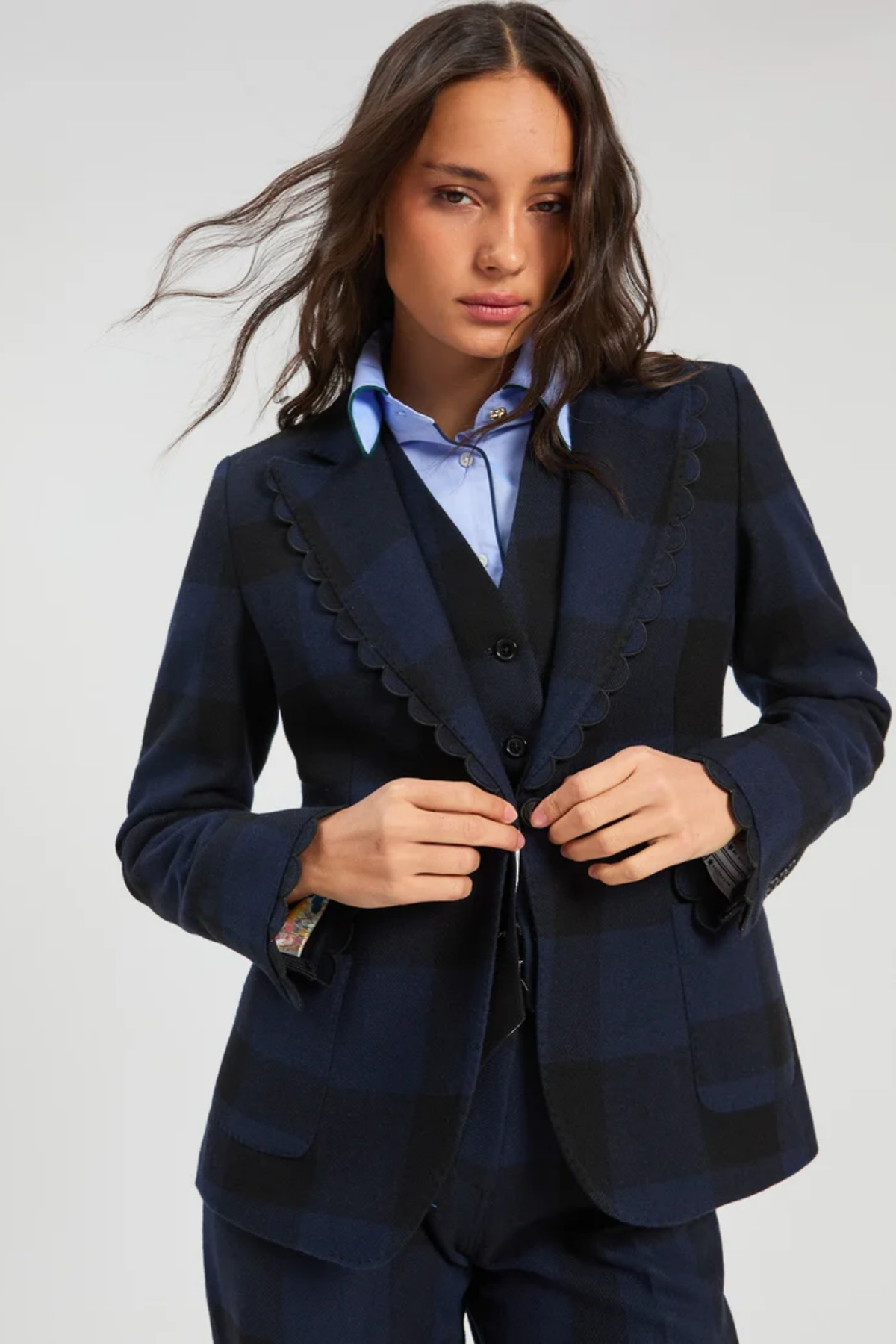 Vilagallo 33826 Navy & Black Check Wool-Blend Jacket worn by model Shop Vilagallo at Dotique