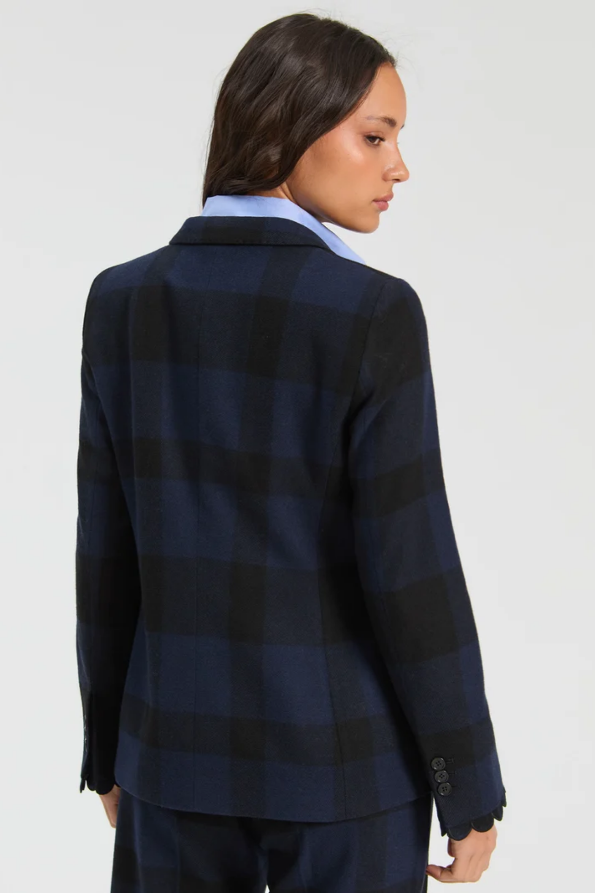 Back view of Vilagallo 33826 Navy & Black Check Wool-Blend Jacket You can shop Vilagallo at Dotique