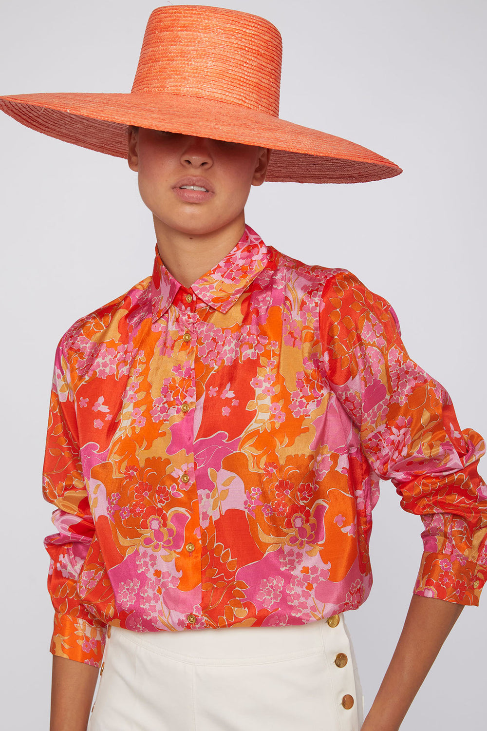 Vilagallo 31039 Isabella Orange Pink Blossom Print Shirt - Dotique