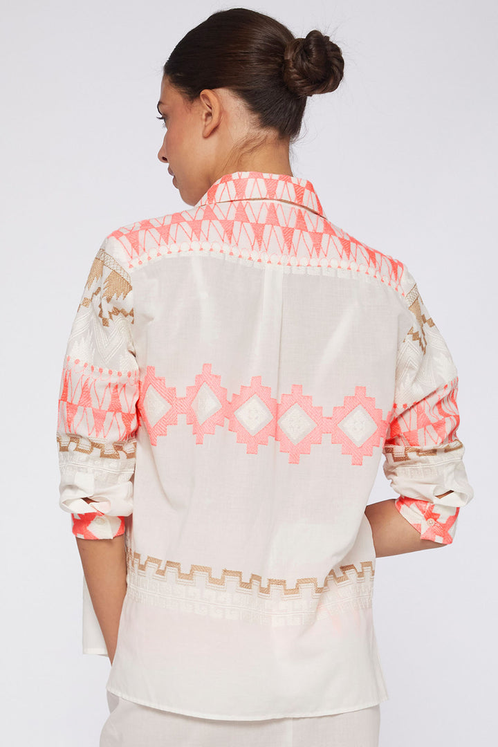 Villagallo 30994 Sara Cream and Pink Embroidered Voile Cotton Shirt - Dotique