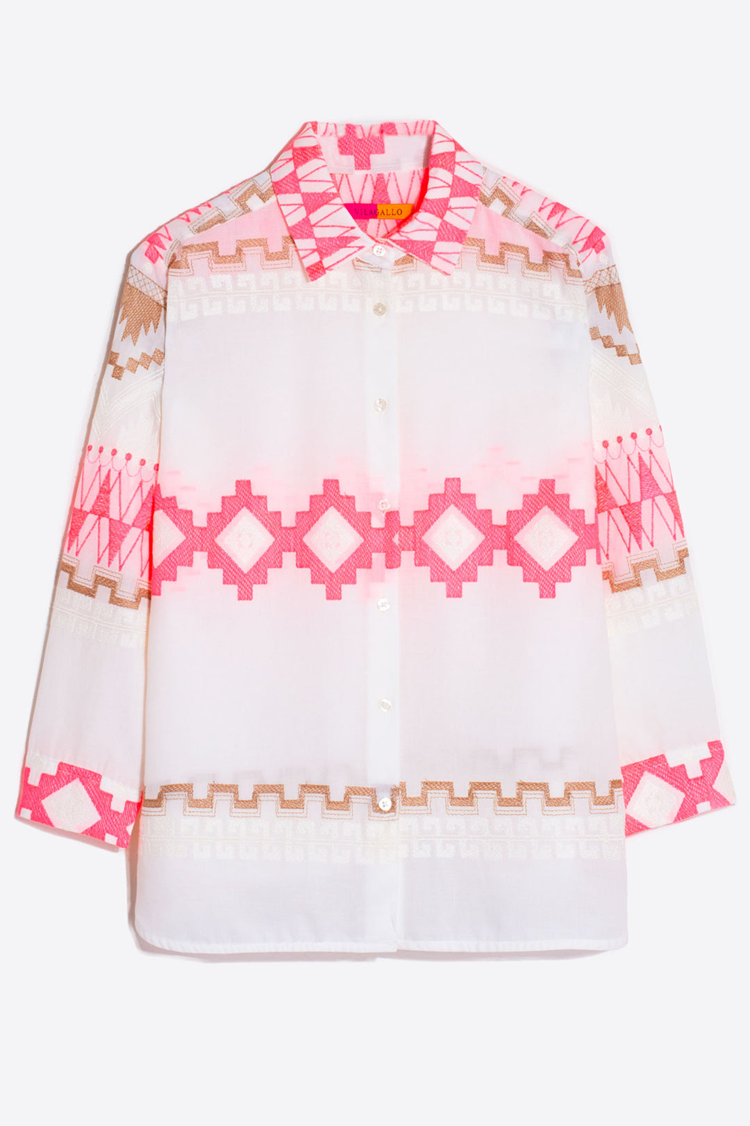 Villagallo 30994 Sara Cream and Pink Embroidered Voile Cotton Shirt - Dotique