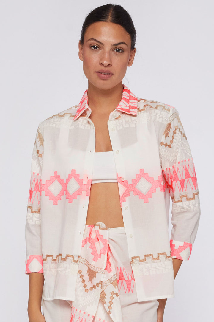 Villagallo 30994 Sara Cream and Pink Embroidered Voile Cotton Shirt - Dotique