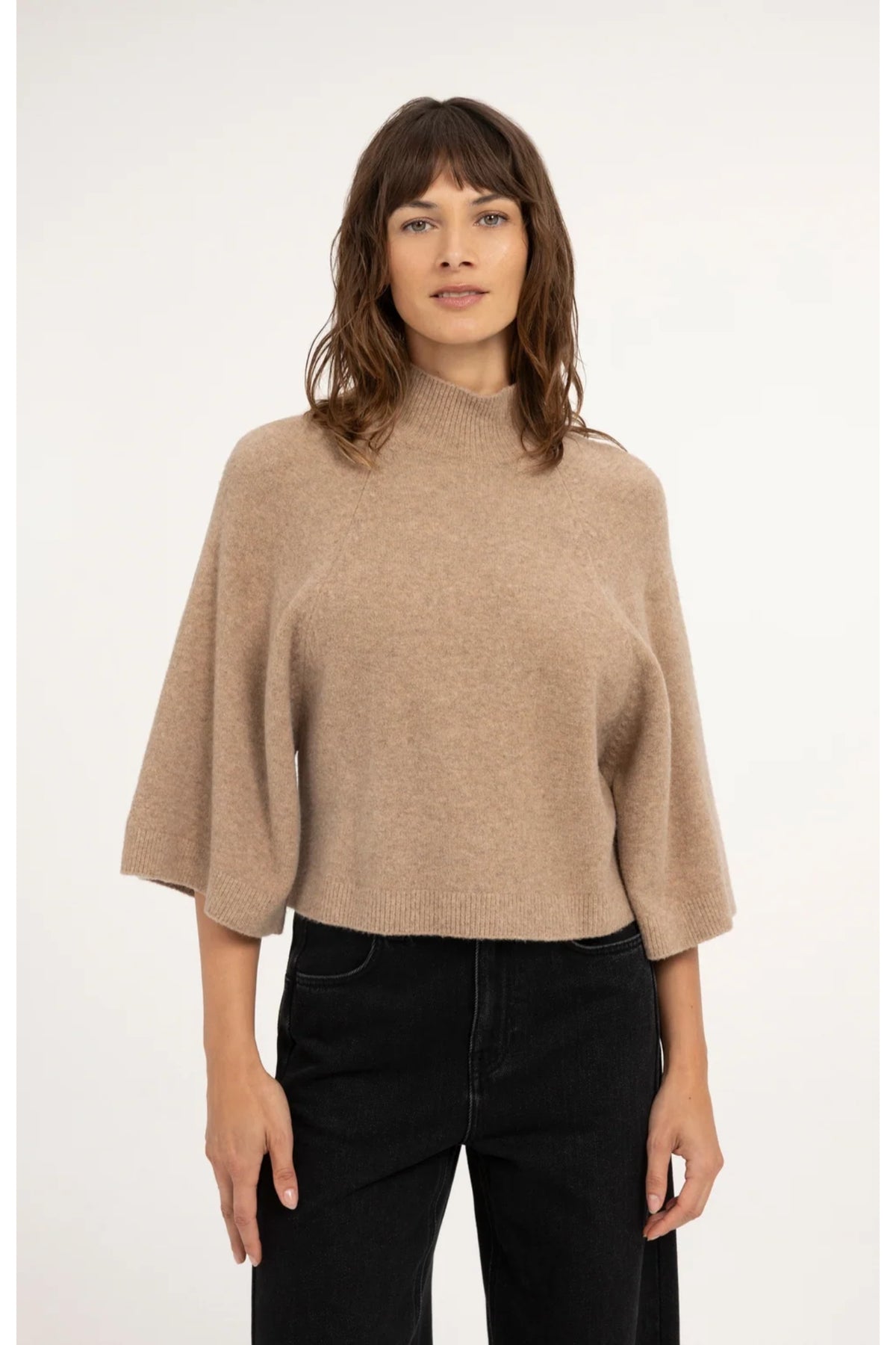 Yaya 01-000655-610 Wide Sleeve Sweater with High Neckline Dark Beige Melange by YAYA Shop YAYA at Dotique