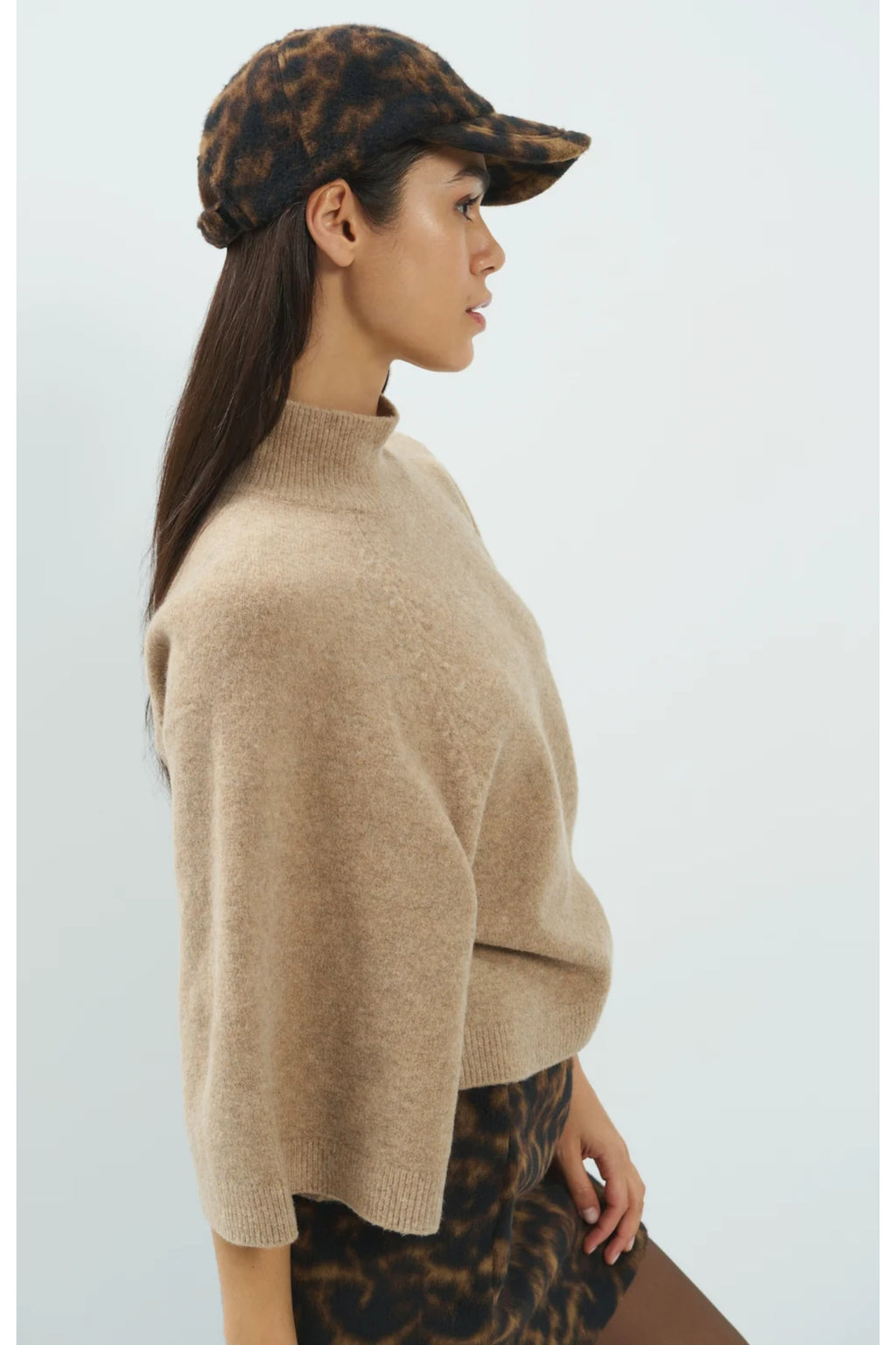 Yaya 01-000655-610 Wide Sleeve Sweater with High Neckline Dark Beige Melange worn by model YAYA Shop YAYA at Dotique