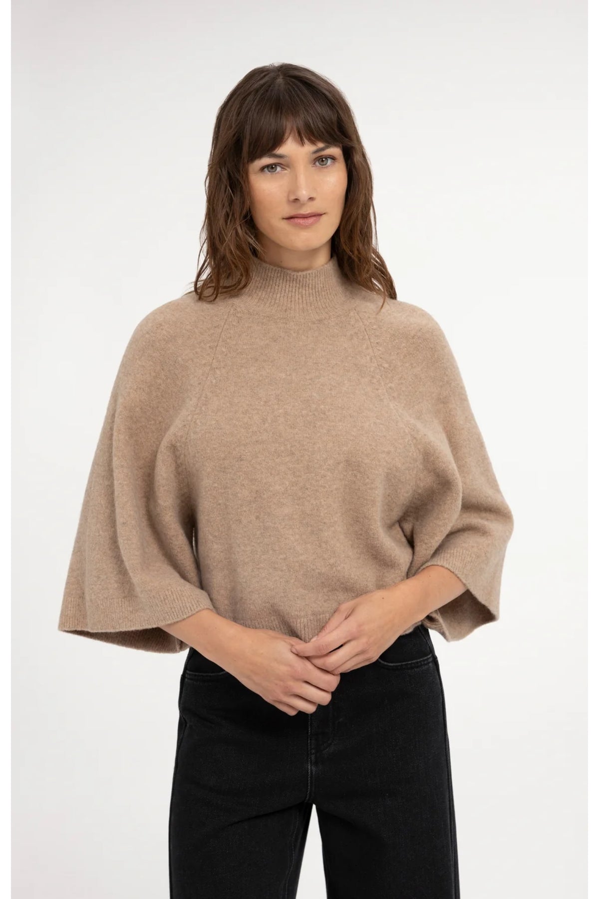 Yaya 01-000655-610 Wide Sleeve Sweater with High Neckline Dark Beige Melange on model YAYA Shop YAYA at Dotique