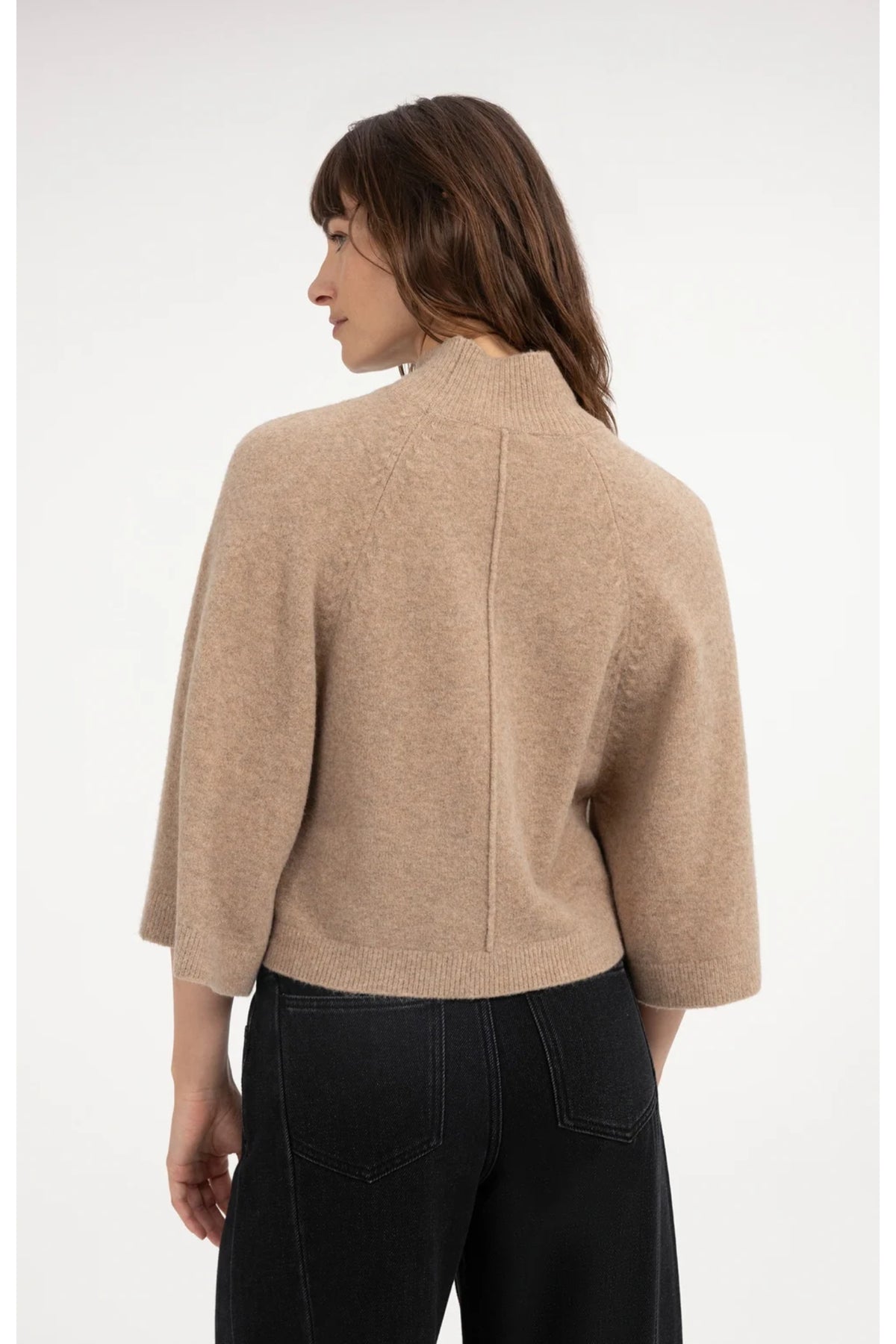 Yaya 01-000655-610 Wide Sleeve Sweater with High Neckline Dark Beige Melange back view YAYA Shop YAYA at Dotique