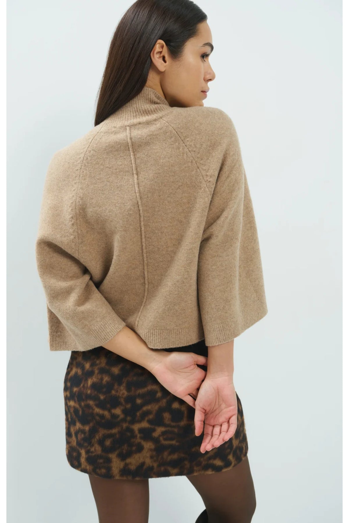 Yaya 01-000655-610 Wide Sleeve Sweater with High Neckline Dark Beige Melange by YAYA Shop YAYA at Dotique