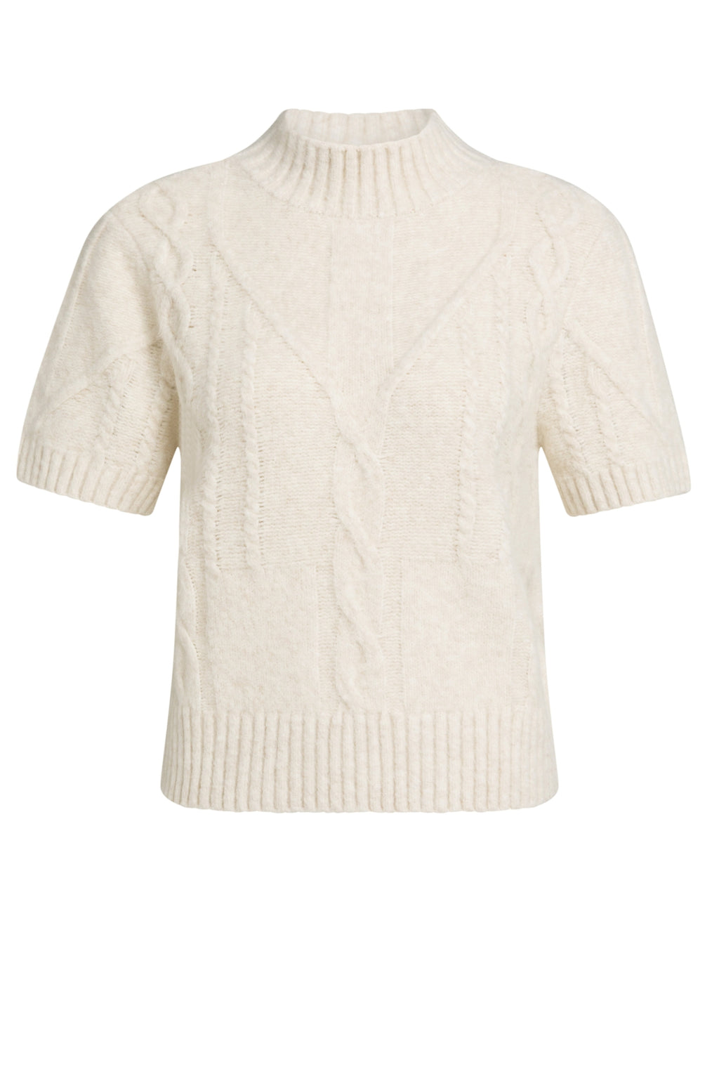 Shop the YAYA Cable Knit Short Sleeve Jumper in Off White Melange at Dotique. A textured cable knit with a mock neck, short sleeves and a regular fit.