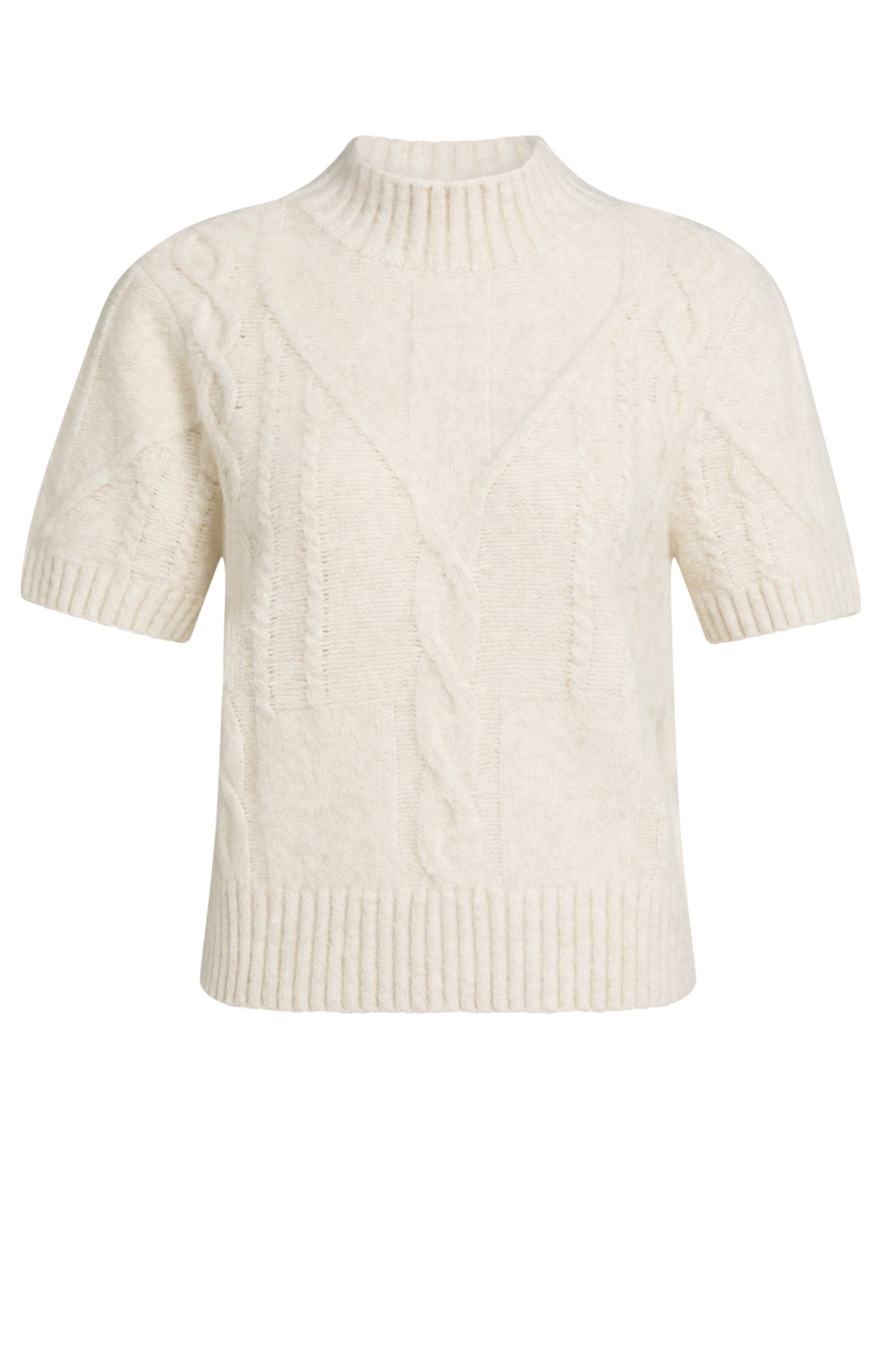Shop the YAYA Cable Knit Short Sleeve Jumper in Off White Melange at Dotique. A textured cable knit with a mock neck, short sleeves and a regular fit.