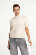Shop the YAYA Cable Knit Short Sleeve Jumper in Off White Melange at Dotique. A textured cable knit with a mock neck, short sleeves and a regular fit.