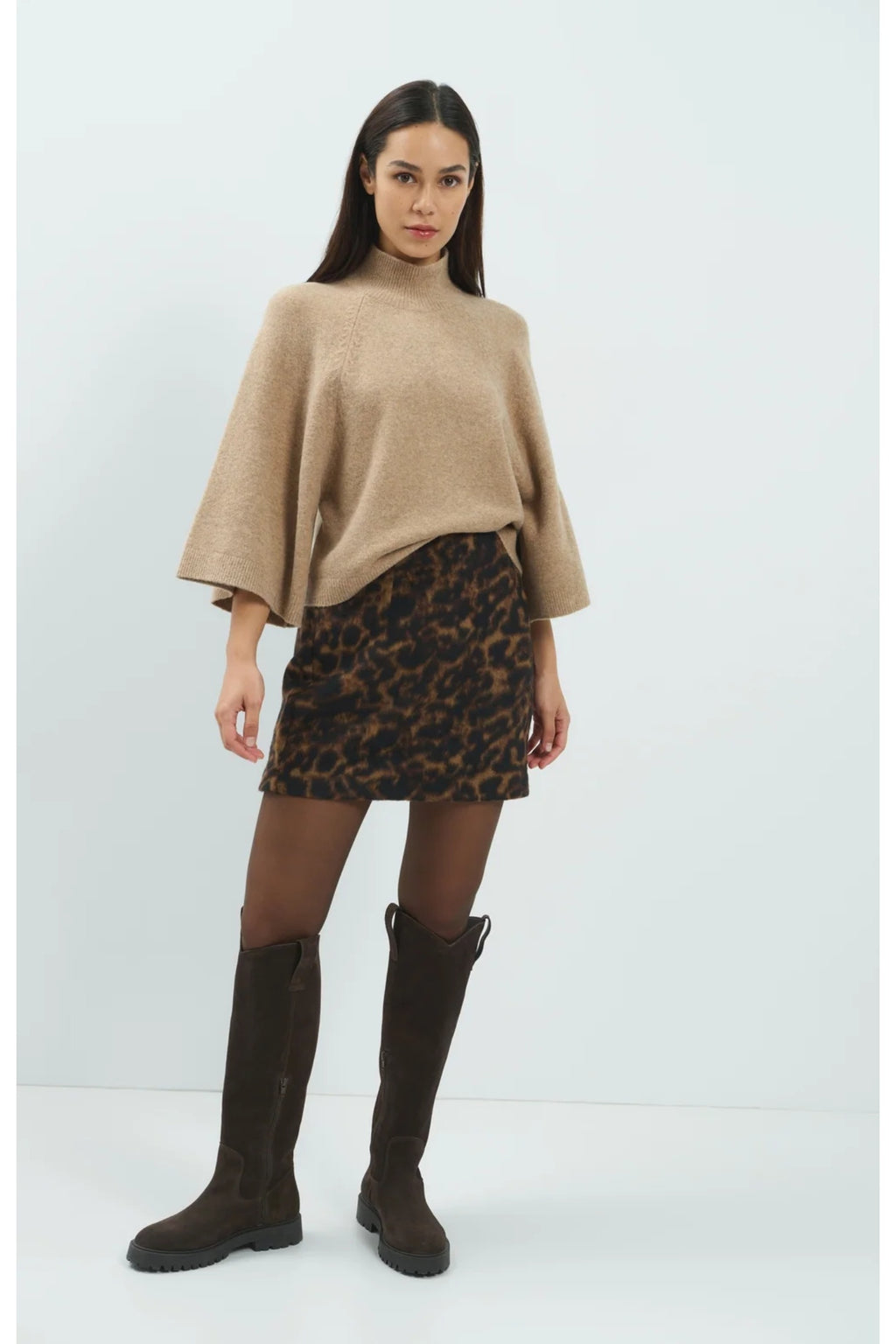 Model wearing Yaya 01-000655-610 Wide Sleeve Sweater with High Neckline Dark Beige Melange YAYA Shop the YAYA at Dotique