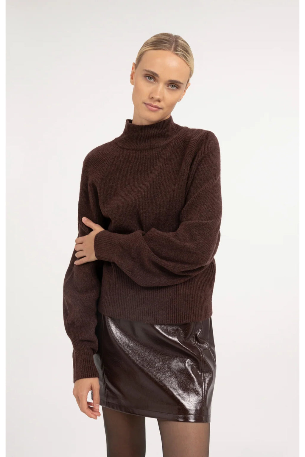 Yaya 01-000656-610 Knitted Turtleneck Sweater with Batwing Sleeves Bitter Chocolate Red Melange Shop YAYA at Dotique
