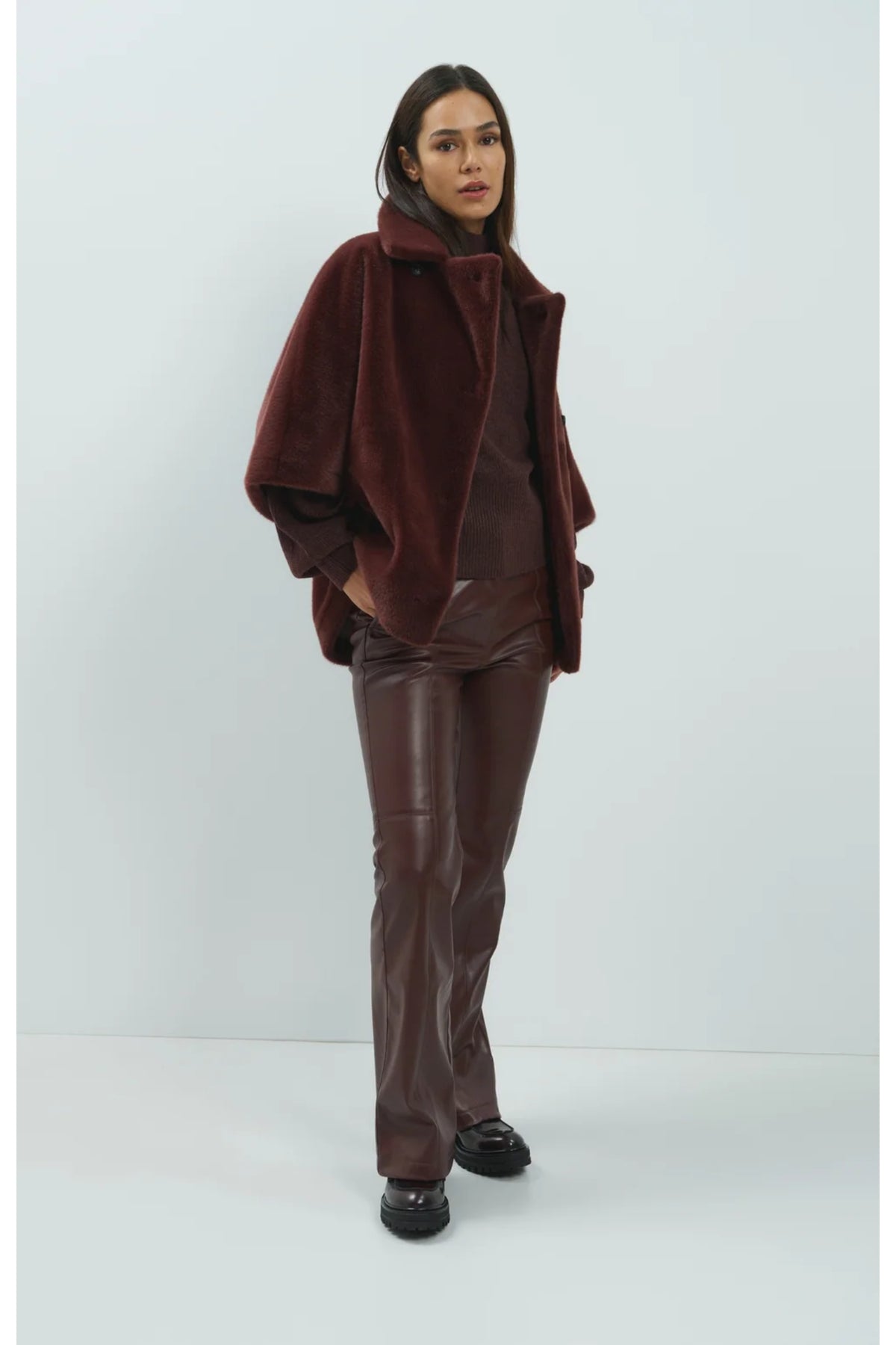 Yaya 01-000656-610 Knitted Turtleneck Sweater with Batwing Sleeves Bitter Chocolate Red Melange Shop YAYA at Dotique