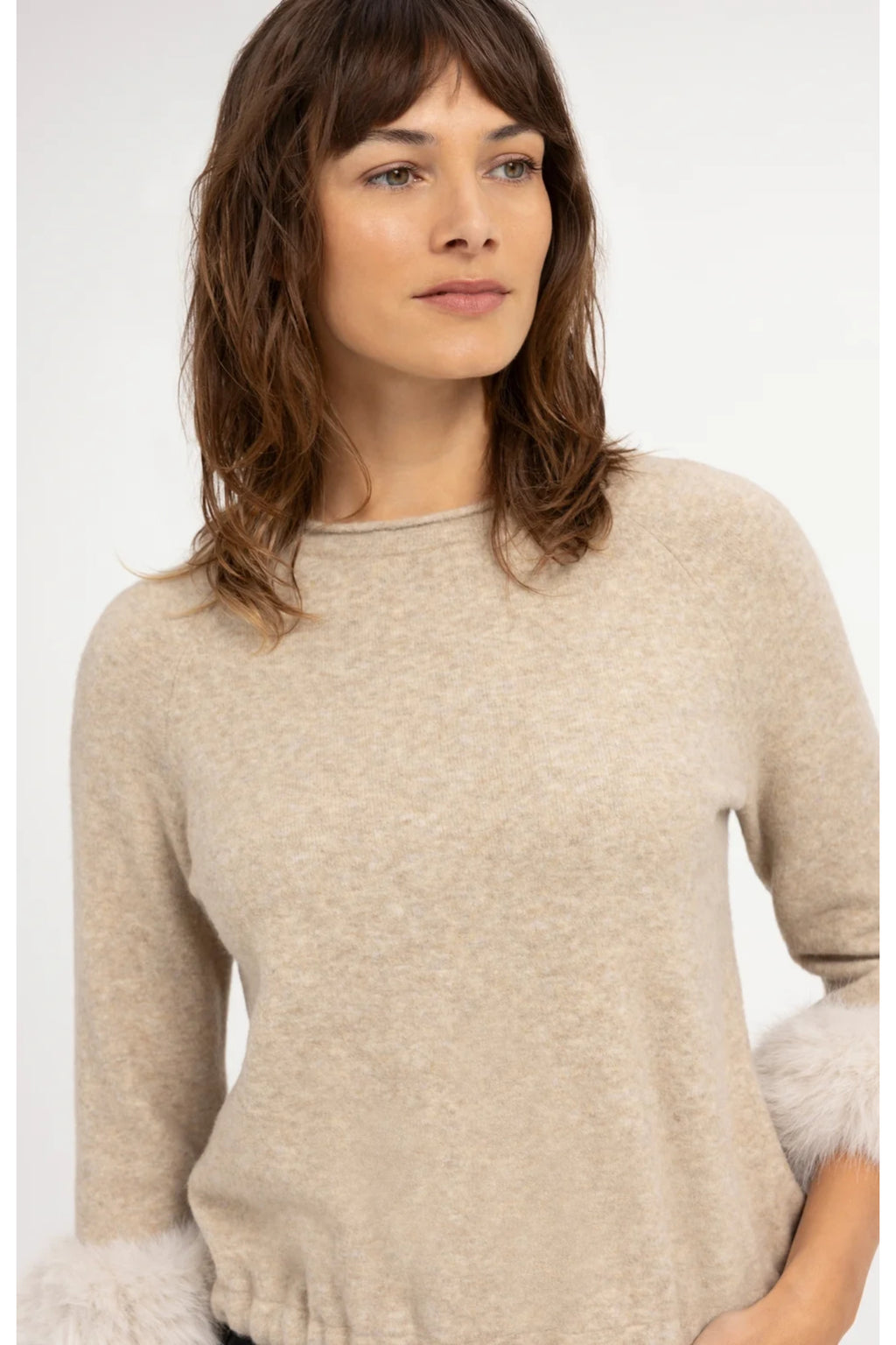 Yaya 01-000662-610 Sweater with Detachable Faux Fur Cuffs Light Beige Melange by YAYA. Shop YAYA at Dotique