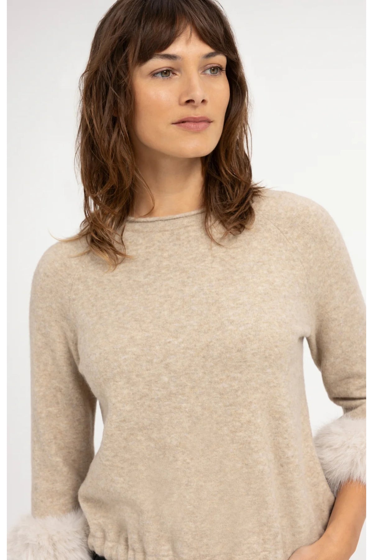Yaya 01-000662-610 Sweater with Detachable Faux Fur Cuffs Light Beige Melange by YAYA. Shop YAYA at Dotique