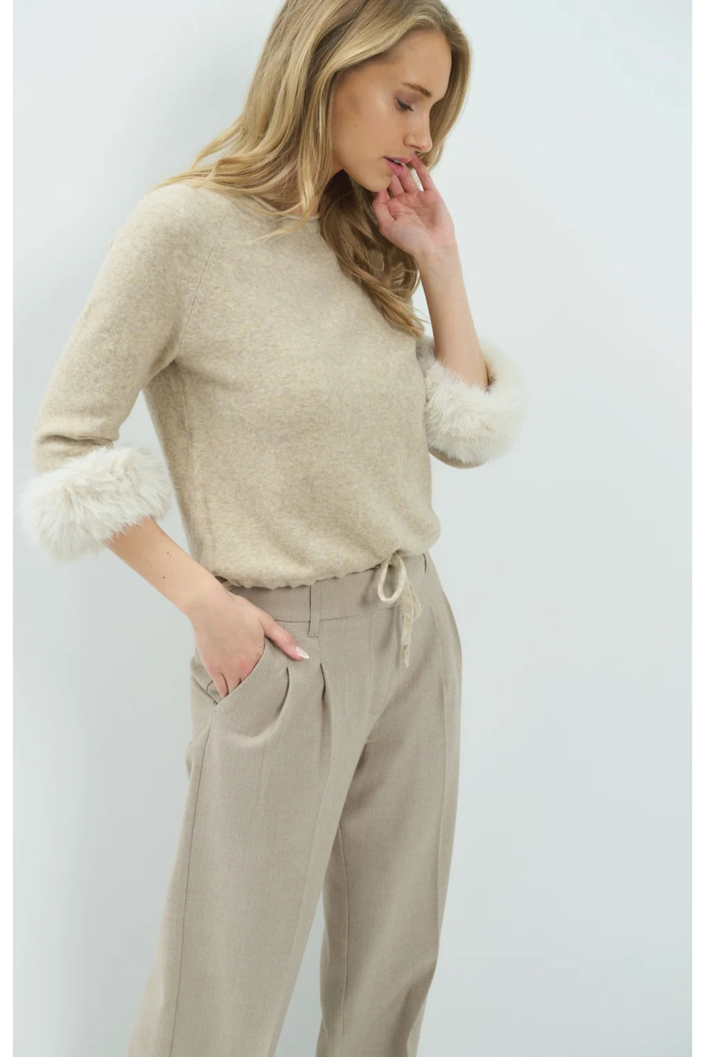 Yaya 01-000662-610 Sweater with Detachable Faux Fur Cuffs Light Beige Melange by YAYA Shop YAYA at Dotique