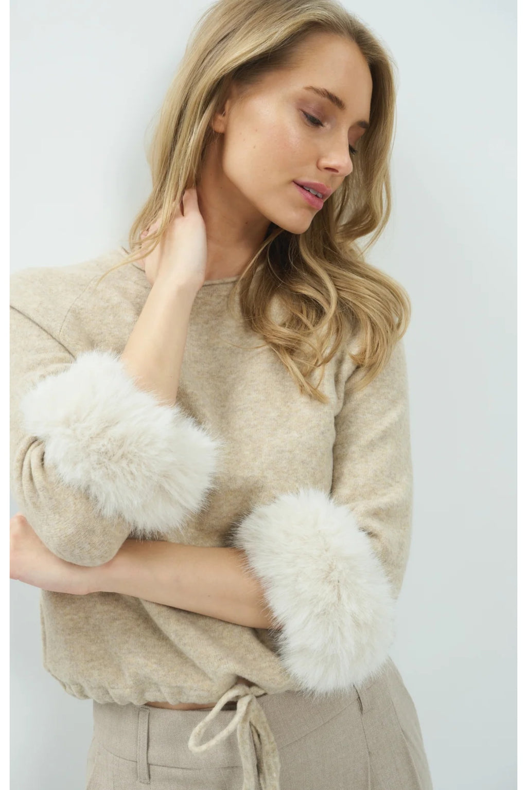 Yaya 01-000662-610 Sweater with Detachable Faux Fur Cuffs Light Beige Melange YAYA Shop YAYA at Dotique