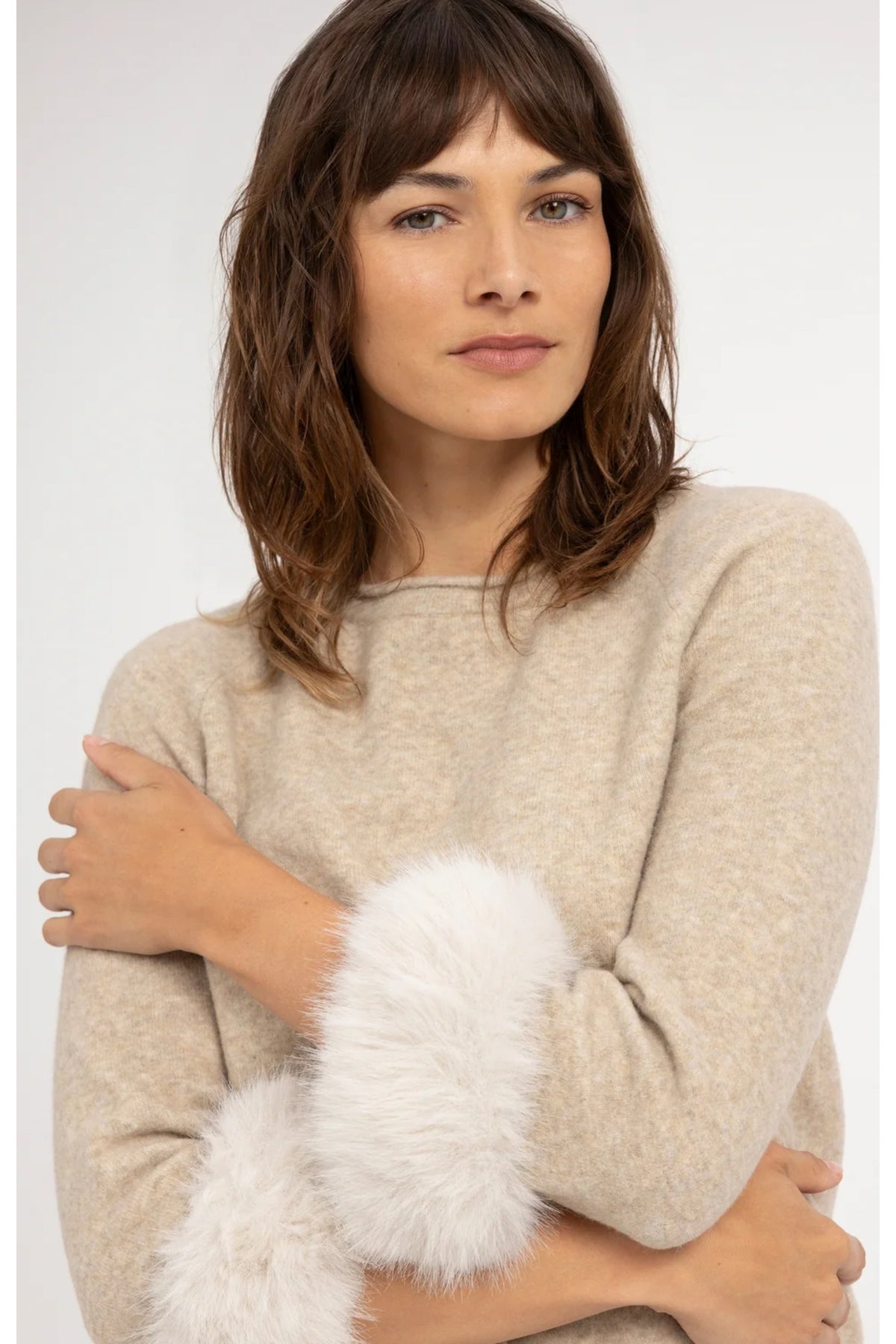 Yaya 01-000662-610 Sweater with Detachable Faux Fur Cuffs Light Beige Melange by YAYA Shop YAYA at Dotique