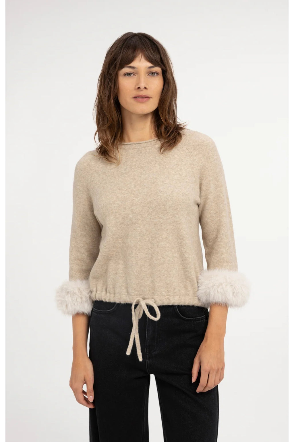Yaya 01-000662-610 Sweater with Detachable Faux Fur Cuffs Light Beige Melange YAYA Shop YAYA at Dotique