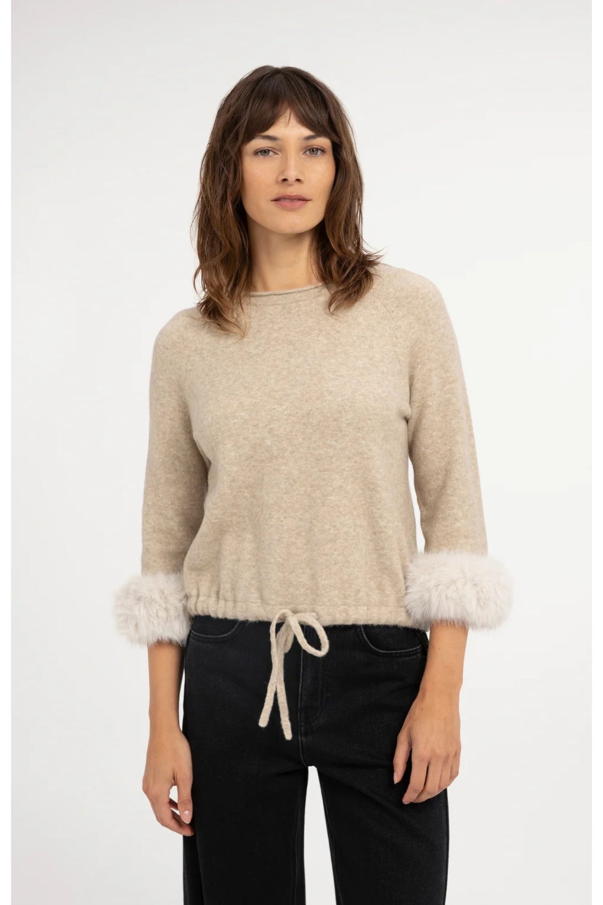 Yaya 01-000662-610 Sweater with Detachable Faux Fur Cuffs Light Beige Melange YAYA Shop YAYA at Dotique
