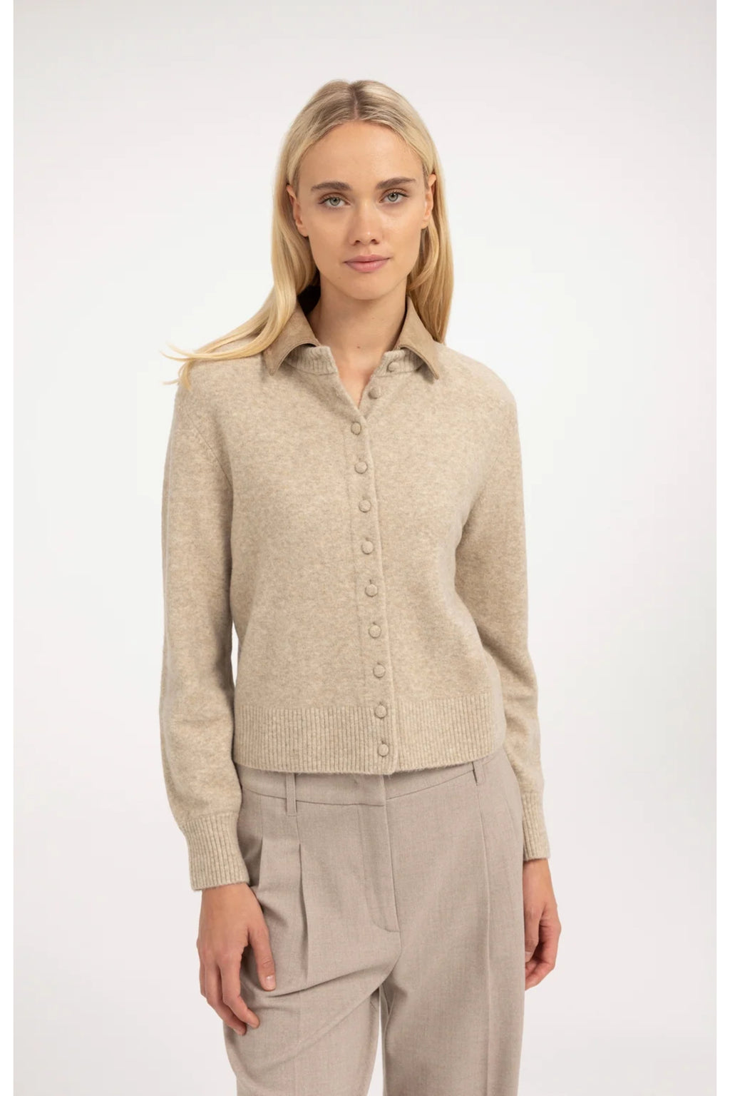 Yaya 01-010185-610 Cardigan with Detachable Collar Light Beige Melange by YAYA modeled Shop YAYA at Dotique