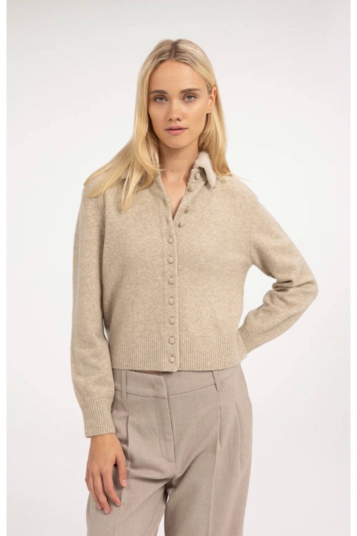 Yaya 01-010185-610 Cardigan with Detachable Collar Light Beige Melange by YAYA. Shop YAYA at Dotique.