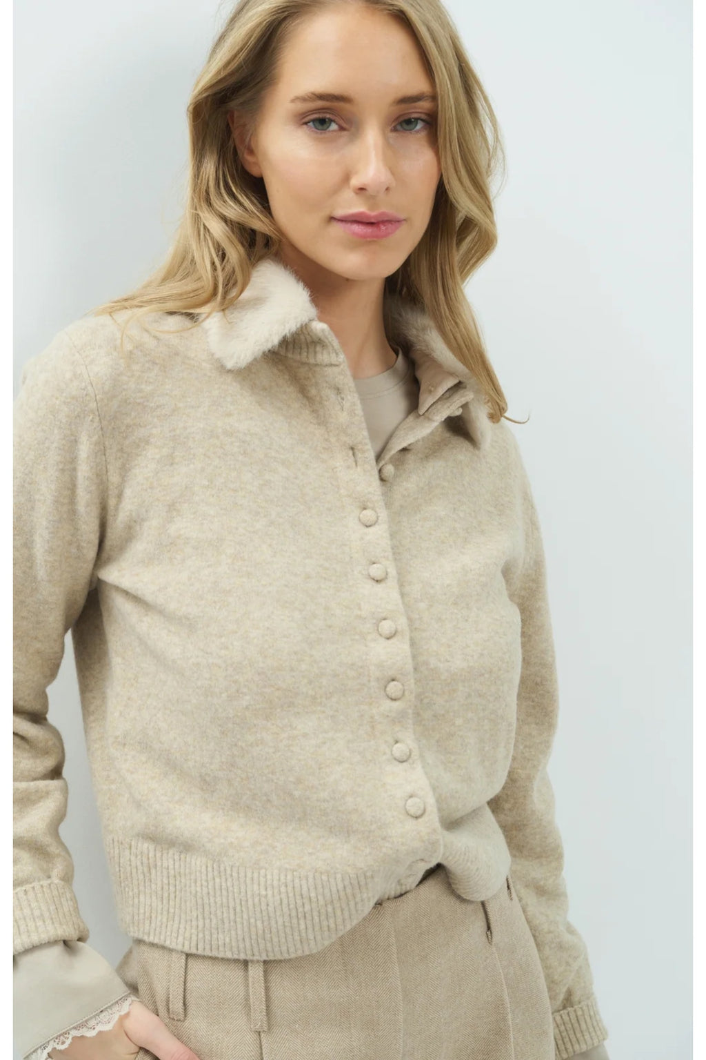 Yaya 01-010185-610 Cardigan with Detachable Collar Light Beige Melange by YAYA Shop YAYA at Dotique