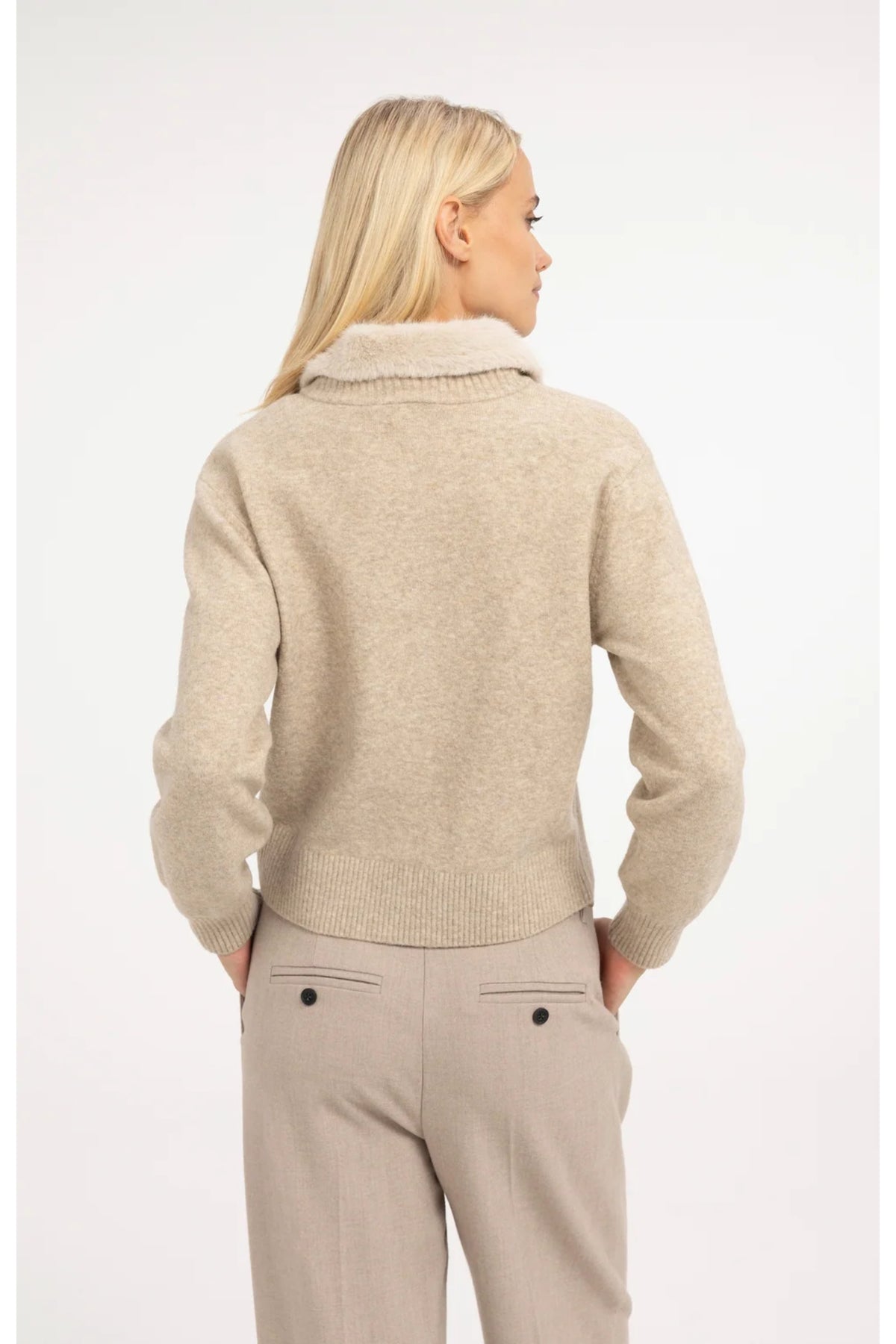 Yaya 01-010185-610 Cardigan with Detachable Collar Light Beige Melange back view. YAYA. Shop YAYA at Dotique.