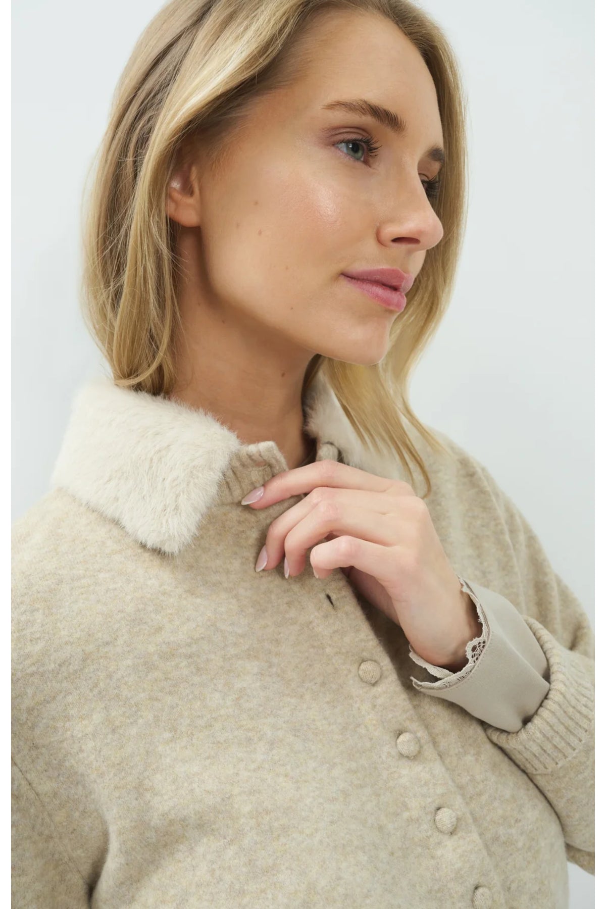 Yaya 01-010185-610 Cardigan with Detachable Collar Light Beige Melange by YAYA Shop YAYA at Dotique