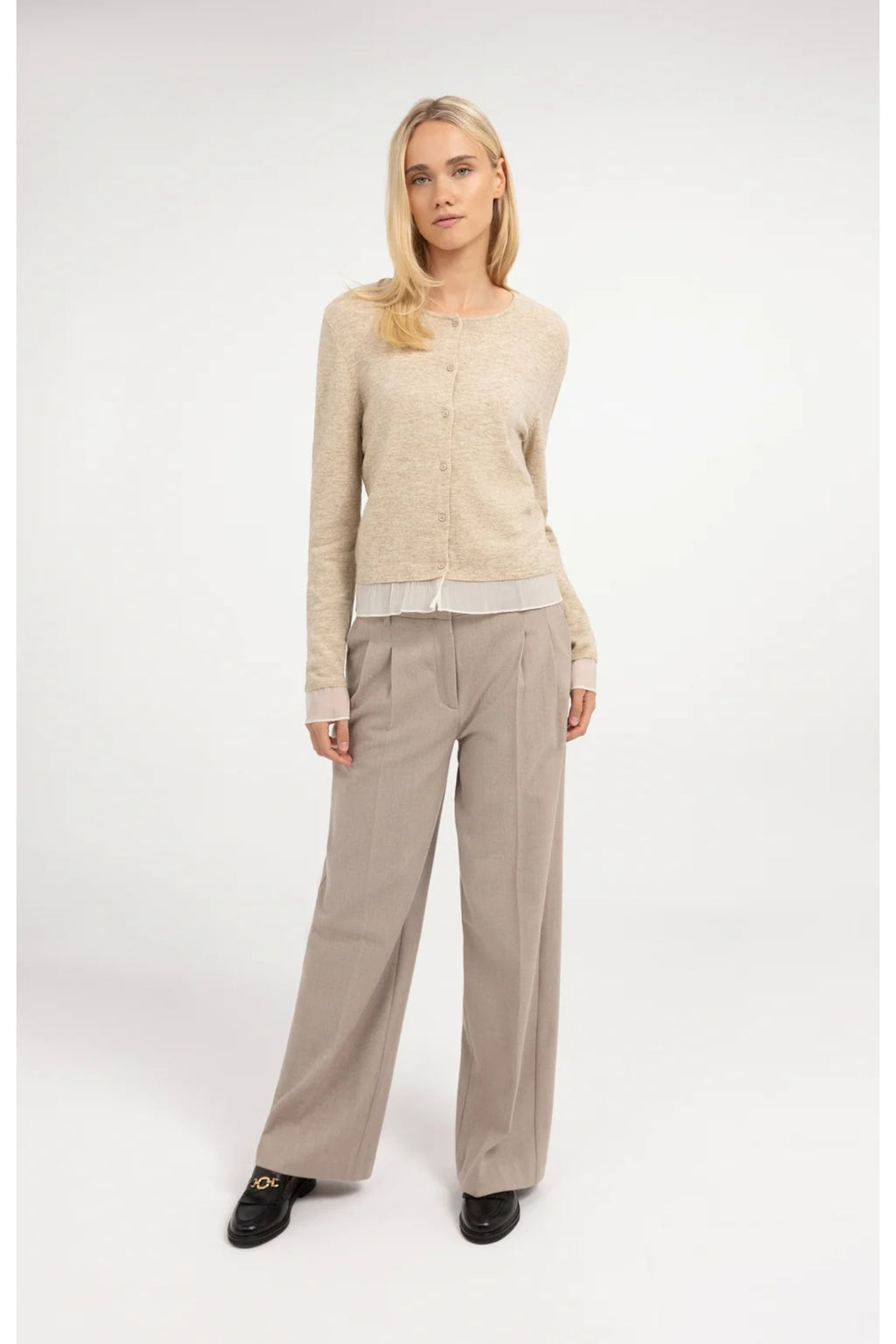 Model wearing Yaya 01-010188-610 Fine Knit Cardigan Lace Trim Light Beige Melange by YAYA Shop YAYA at Dotique