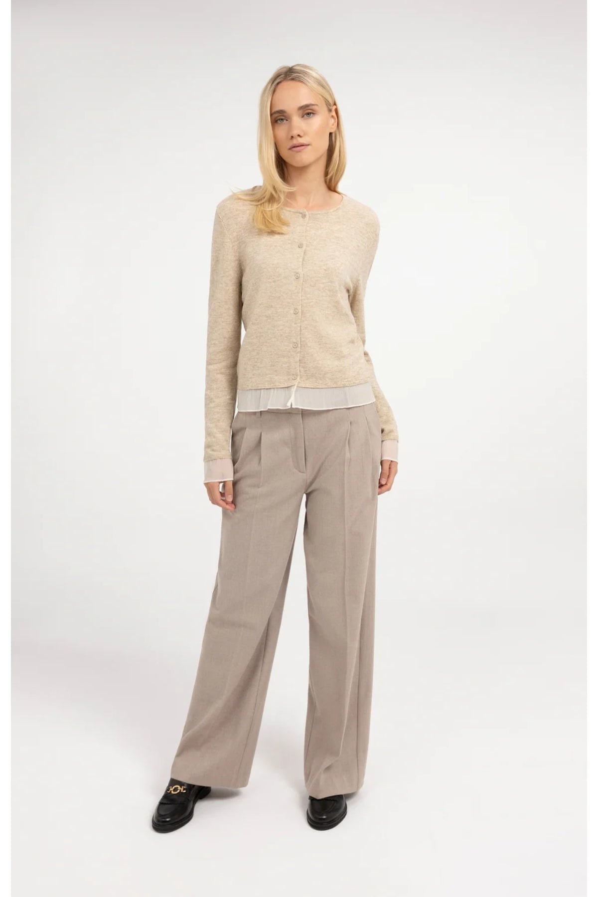 Model wearing Yaya 01-010188-610 Fine Knit Cardigan Lace Trim Light Beige Melange by YAYA Shop YAYA at Dotique