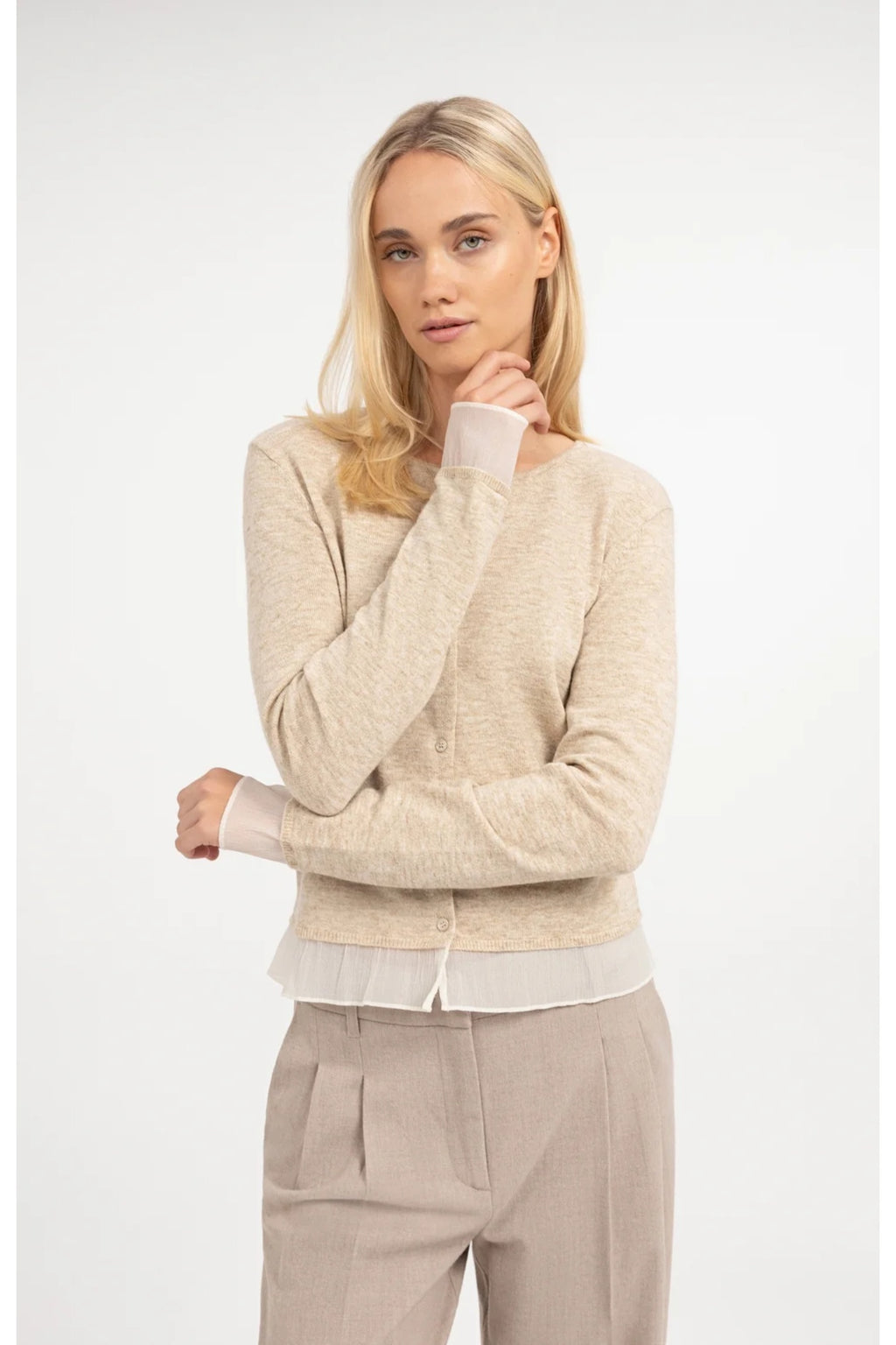 Yaya 01-010188-610 Fine Knit Cardigan with lace Trim Light Beige Melange by YAYA. Shop YAYA at Dotique
