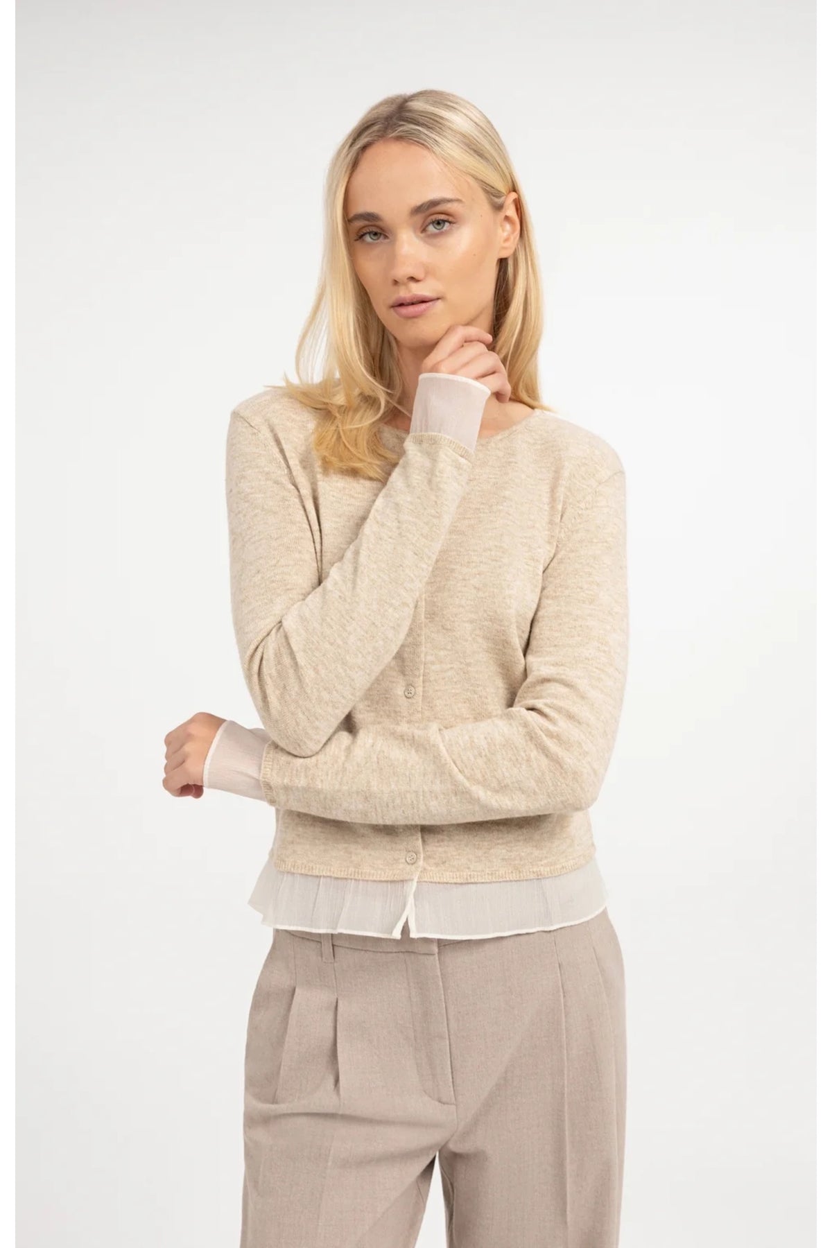 Yaya 01-010188-610 Fine Knit Cardigan with lace Trim Light Beige Melange by YAYA. Shop YAYA at Dotique
