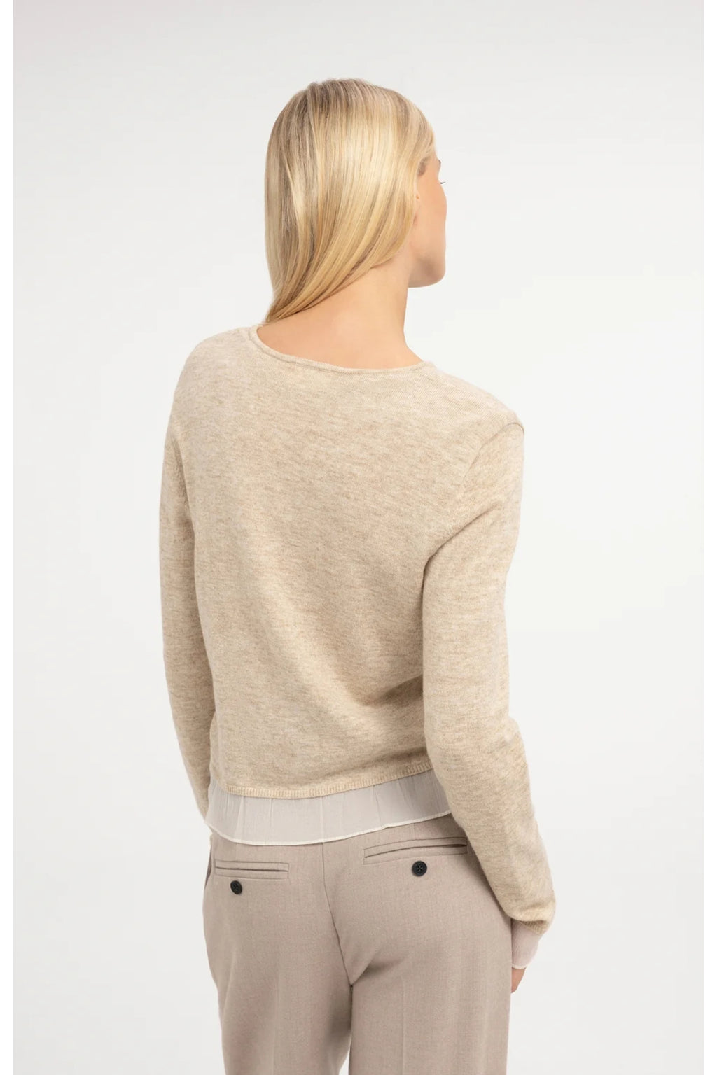 Back view of Yaya 01-010188-610 Fine Knit Cardigan Lace Trim Light Beige Melange by YAYA Shop YAYA at Dotique