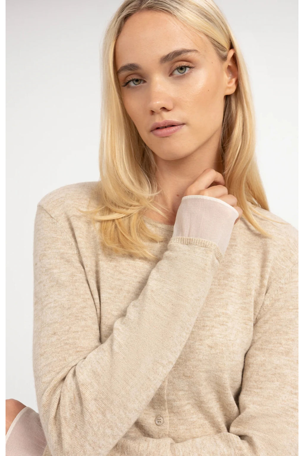 Yaya 01-010188-610 Fine Knit Cardigan Lace Trim Light Beige Melange YAYA Shop YAYA at Dotique