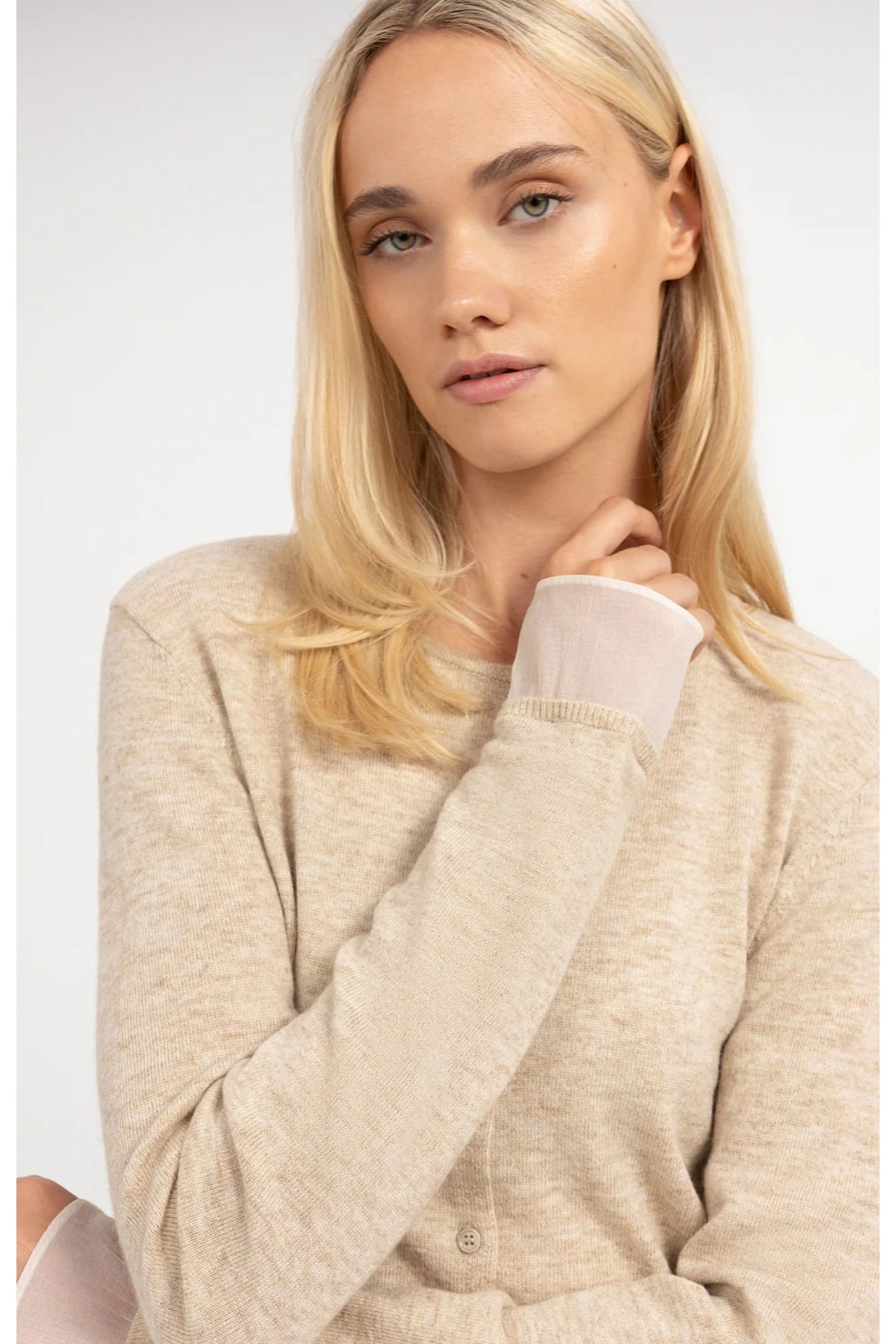 Yaya 01-010188-610 Fine Knit Cardigan Lace Trim Light Beige Melange YAYA Shop YAYA at Dotique