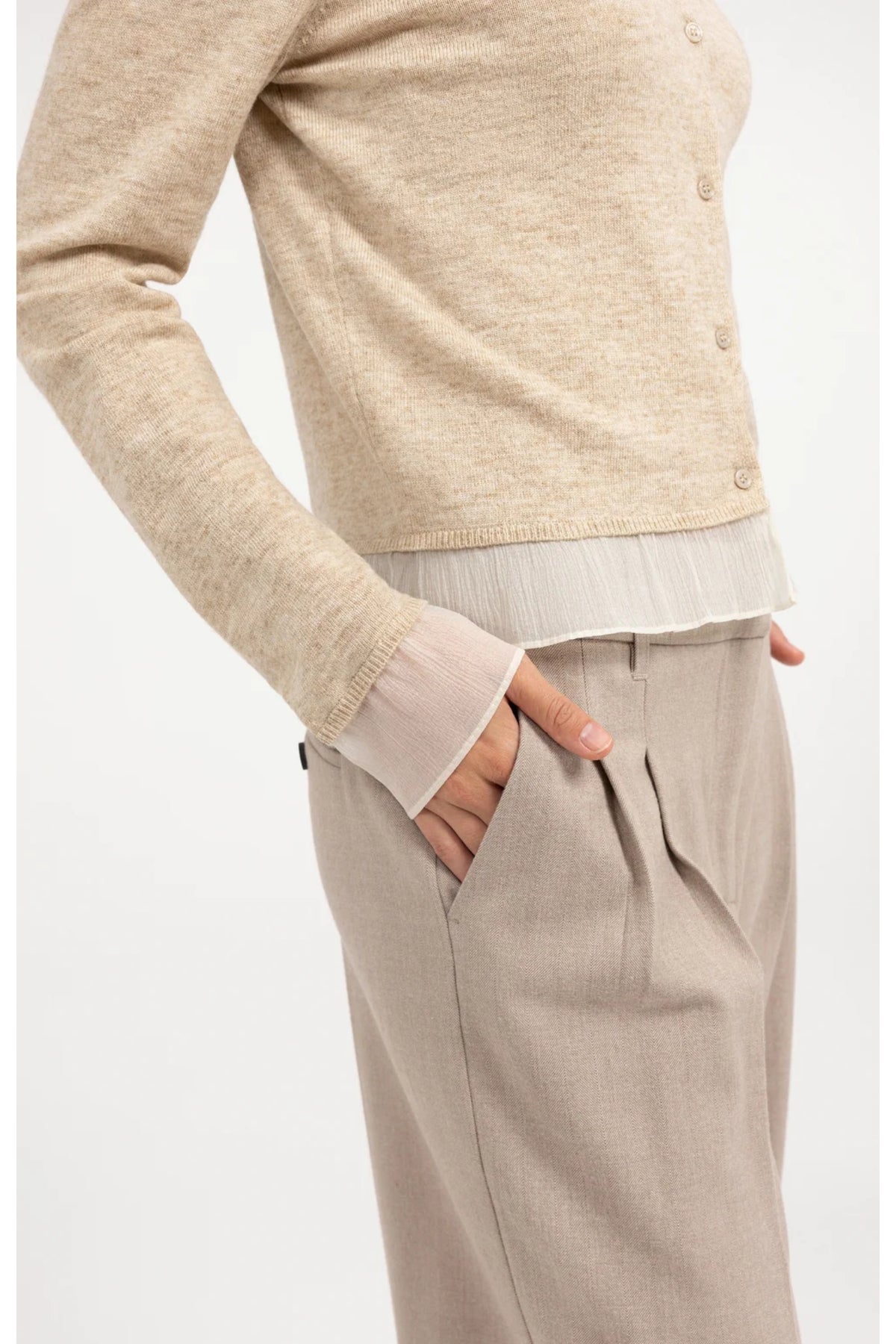 Yaya 01-010188-610 Fine Knit Cardigan Lace Trim Light Beige Melange. Shop YAYA at Dotique
