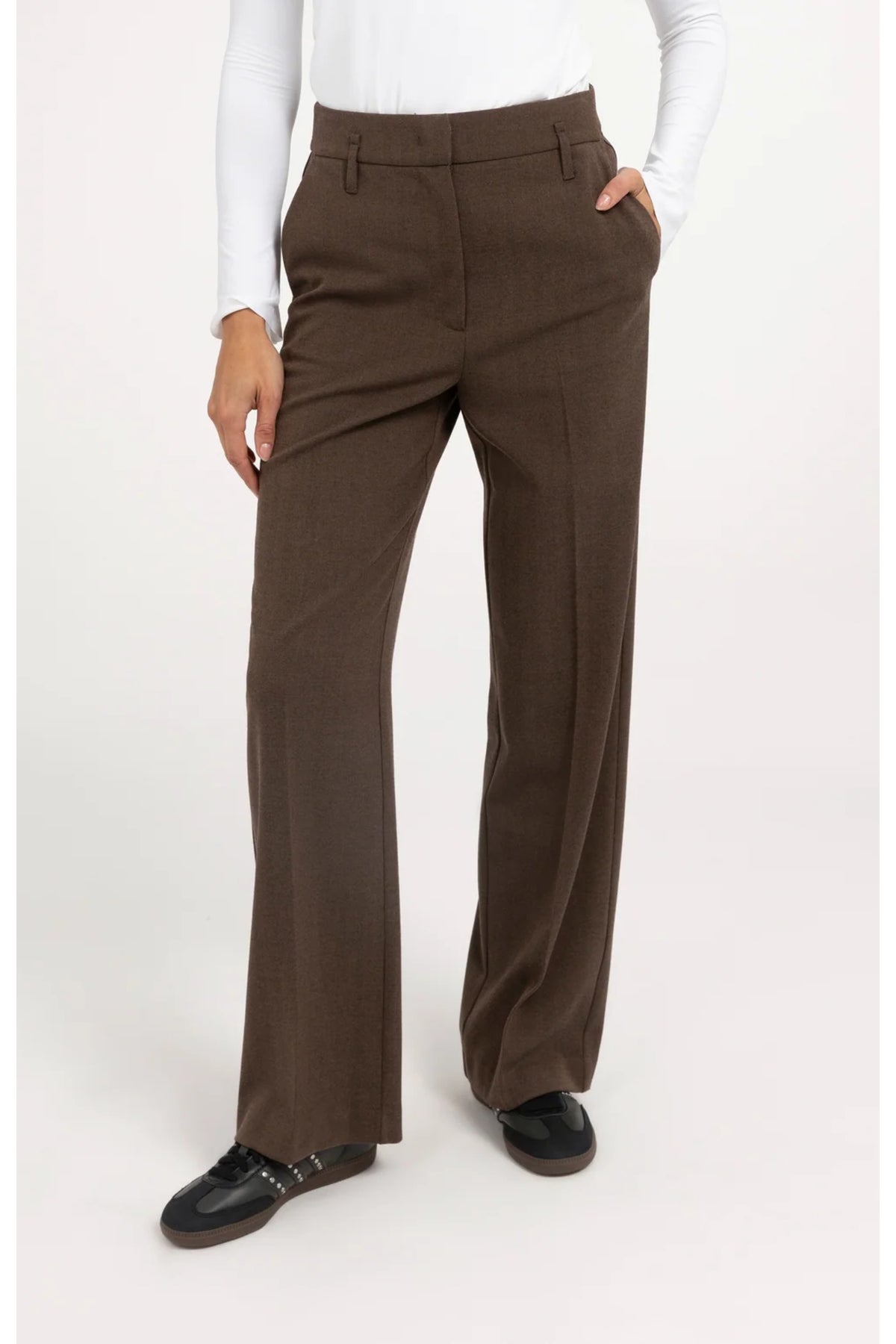 Yaya 01-301296-610 Structured Straight Leg Tailored Trousers Coco Brown Melange brown trousers YAYA Shop YAYA at Dotique